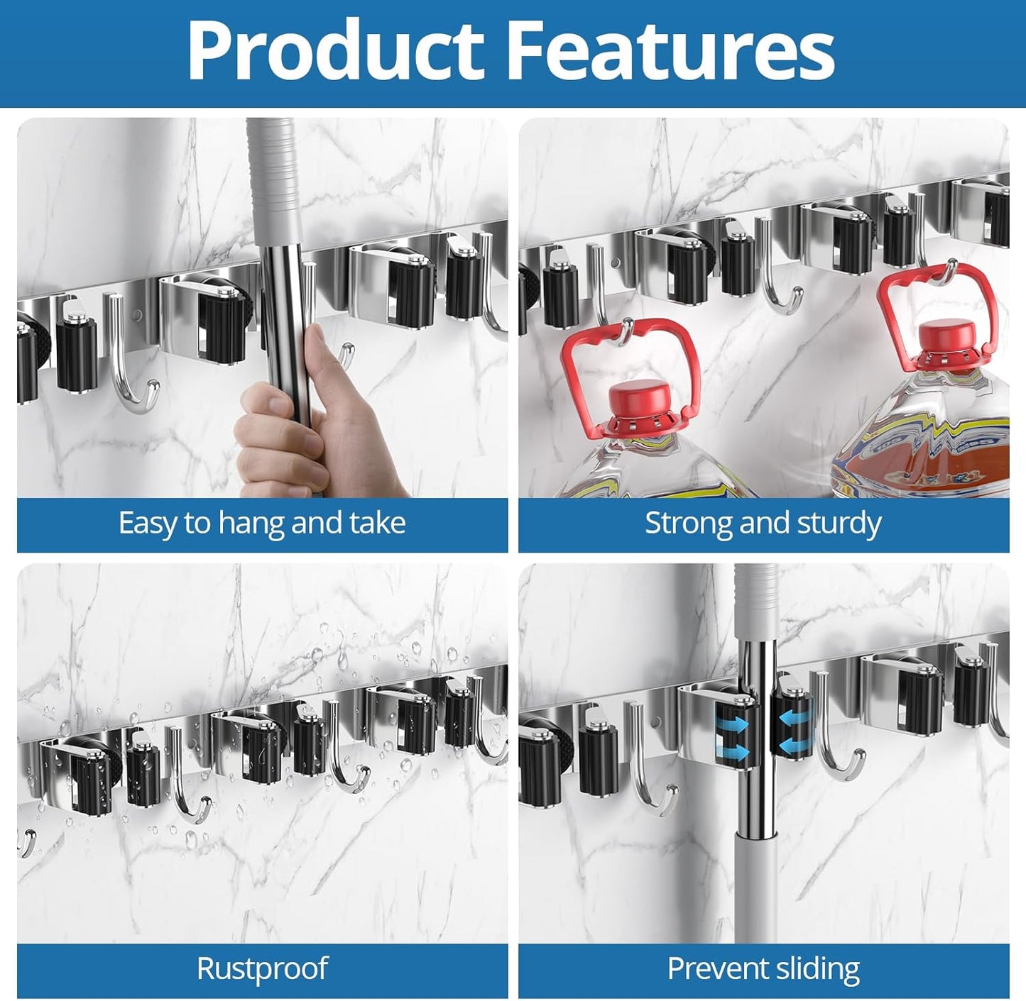 Skiennix Broom Holder - Heavy-Duty Wall Mount Organizer with 5 Racks & 4 Hooks for Kitchen & Garage