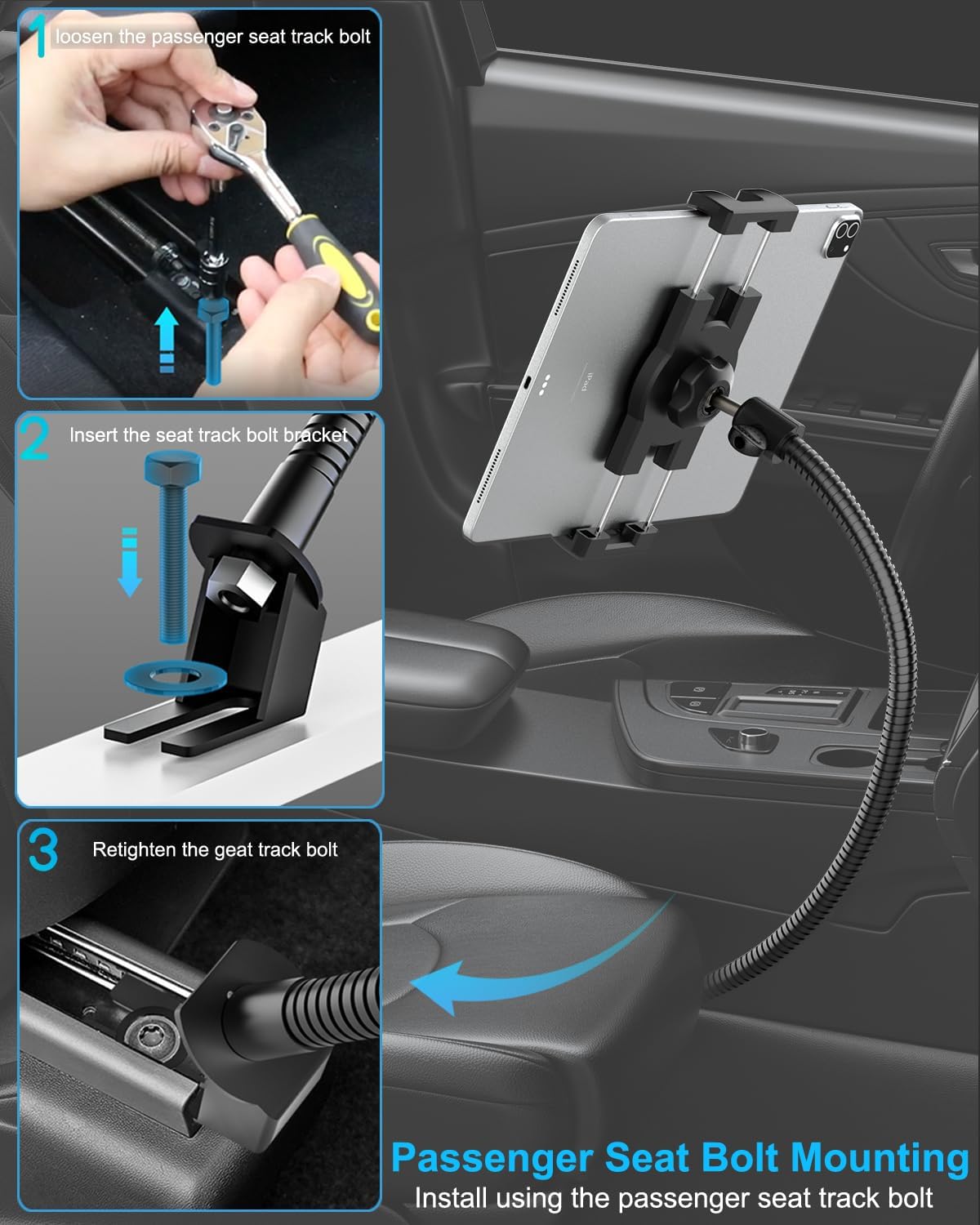 woleyi 20inch 4-13" Car Seat Rail Tablet Holder for Truck, Gooseneck Heavy-Duty Front Passenger Seat Tablet Mount