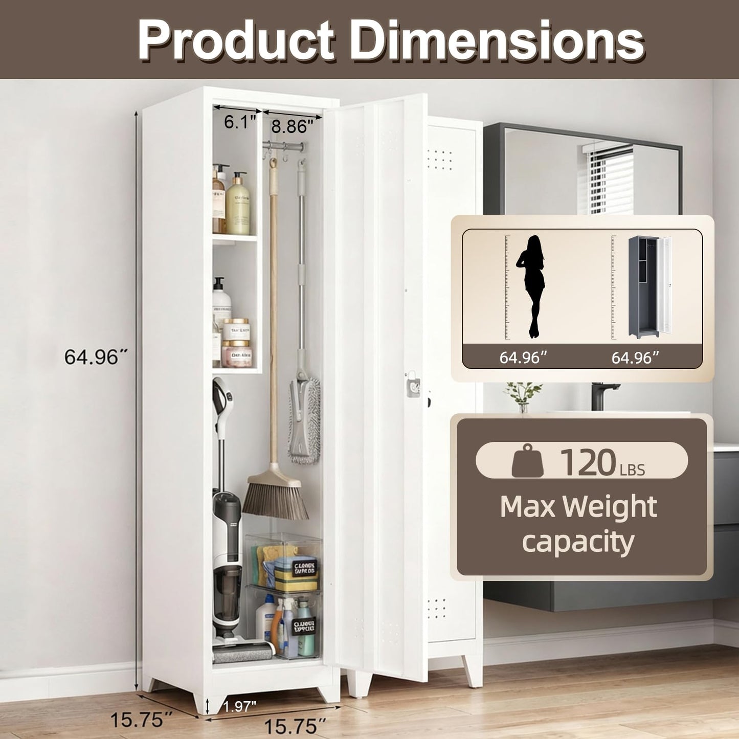 FATIGOS Slim Broom Closet Storage Cabinet, 65" H Metal Cabinets with Lock and Shelves & S-Hooks, Utility Closet, Narrow Storage Cabinets for Home Office, Pantry, Bathroom, Garage, White