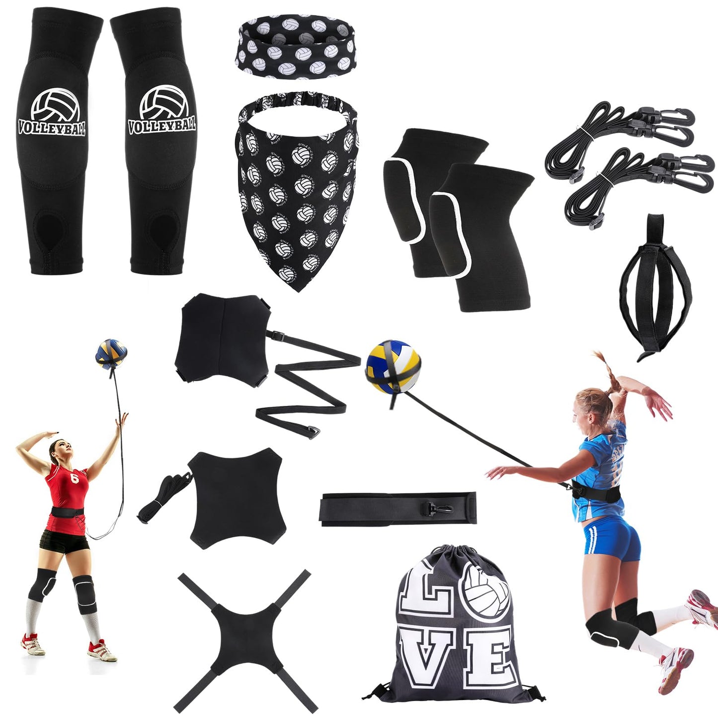 Hoemwarm 8 Pcs Volleyball Training Equipment Aid Kit, Girls Volleyball Trainer Knee Pads Elastic Belt Hand Straps Arm Sleeves Bags Spike Trainer Gear Gifts for Beginners Coaching Supplies
