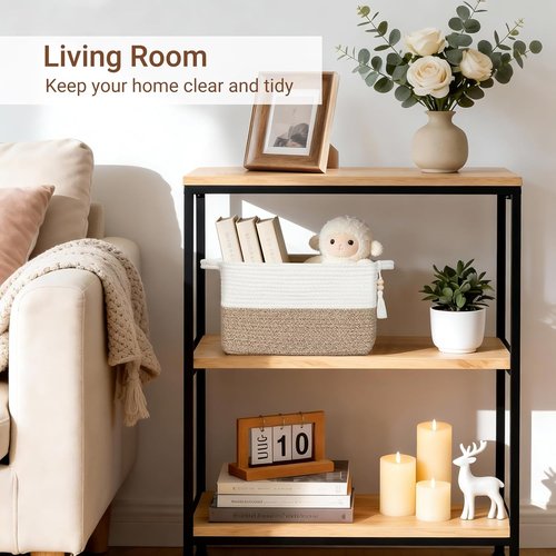 Mkono Woven Storage Basket - Decorative Cotton Rope Cube for Organizing Clothes & Toys | 13'' x 10'' x 9'', Brown & White