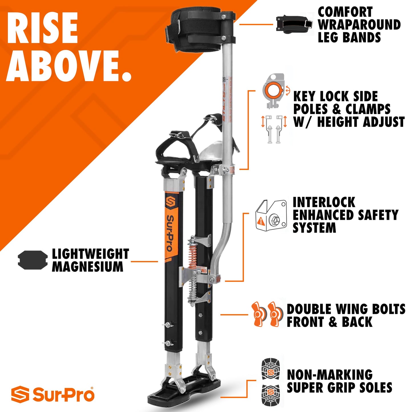 SurPro Single-Sided Magnesium Drywall Stilts, 16” - 24” Height, Interlock Enhanced Contractor-Grade Stilts (S1-M-1624) for Drywallers, Painters, Ceiling Work, Stilts Drywall