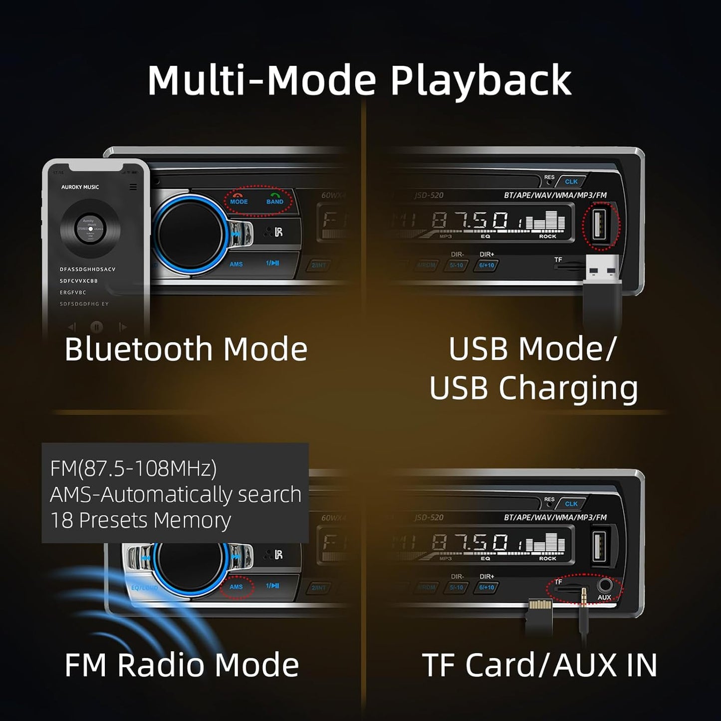 Auroky JSD-520 Charging/MP3/AUX/TF, Car Stereo Audio Single Din Bluetooth Handsfree FM Radio Receiver USB No CD Player