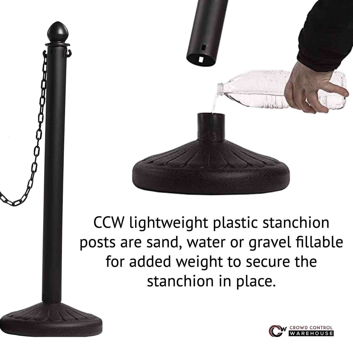 Montour Line Plastic Stanchion Yellow 2.5 Inch Diameter with 50 Foot Chain, 6-Pack, Crowd Control Barriers