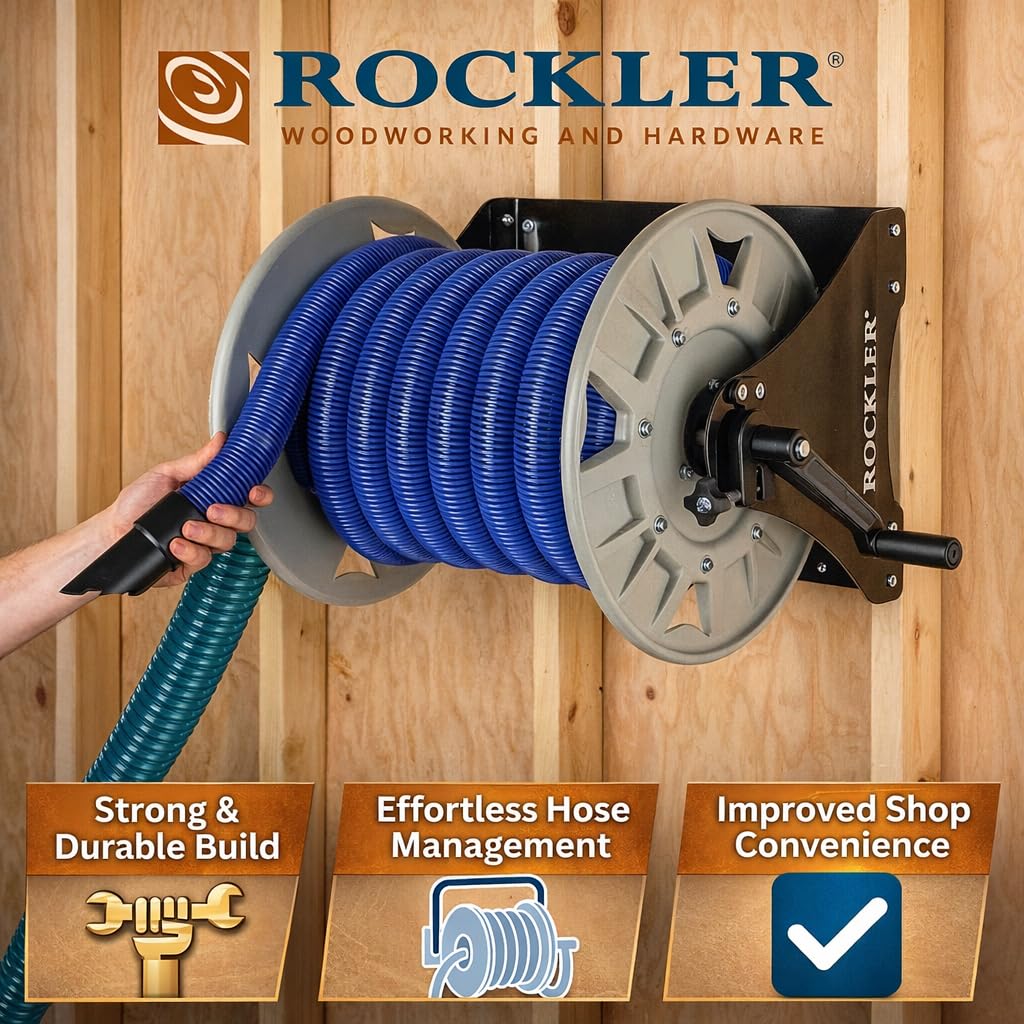 Rockler Shop Vacuum Hose Reel - Holds 40' of 1-1/2'' Vacuum Hose Extension Reel w/Steel Frame - Adjustable Tension Knob, Wall Mount Vacuum Hose Reel - Easy Installation Dust Collector Accessories