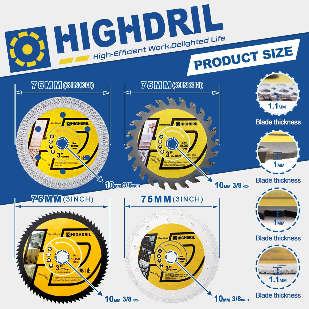 HIGHDRIL 3" 75mm Circular Saw Blade Set 4pcs and HIGHDRIL Diamond Drill Bits Kit with 5/8-11