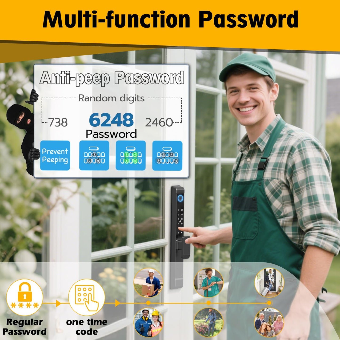 Sliding Glass Door Lock, Eseesmart Sliding Door Smart Lock with Fingerprint Code Keypad RFID Card Bluetooth App Key, Electronic Digital Biometric Keyless Entry Patio Door Lock with Handle
