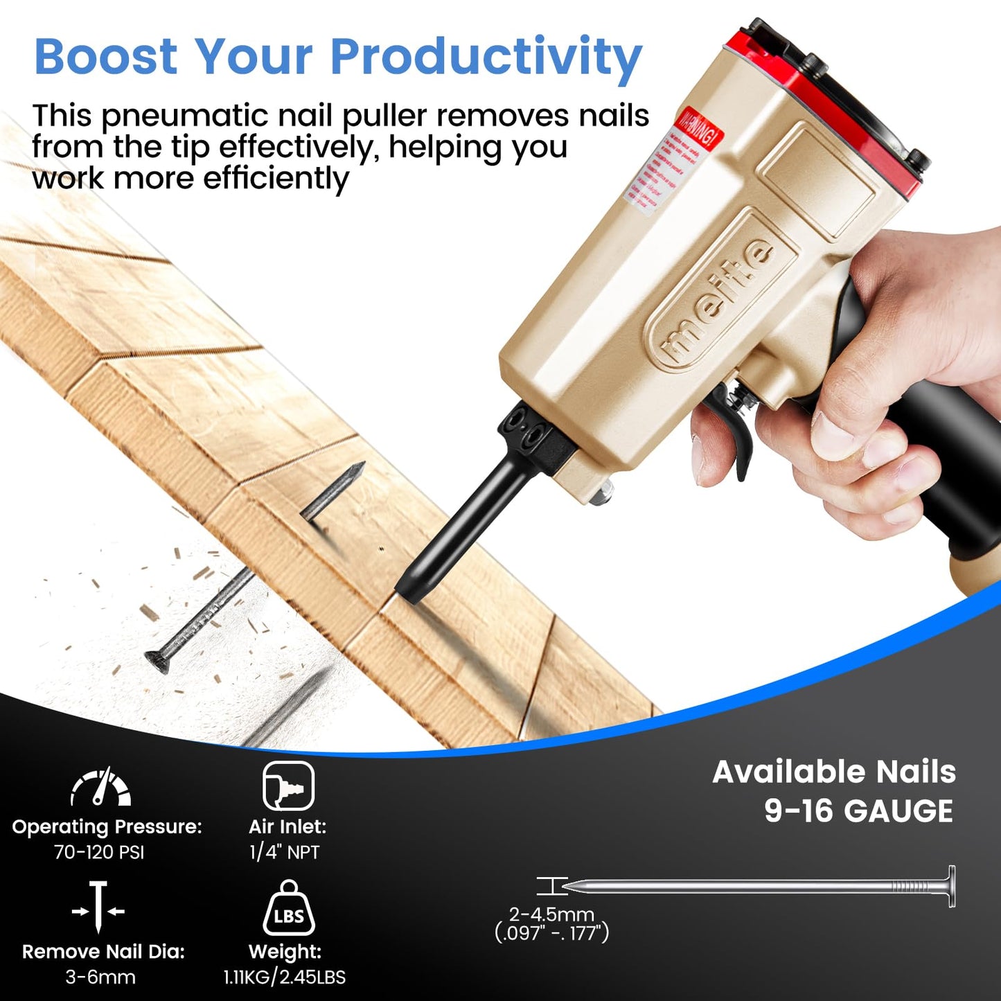 meite NP45 Pneumatic Nail Remover with 3 Inch x .120 Inch Framing Nails, Professional Heavy Duty Air Punch Nailer Denailer Gun and Electro-Galvanized Offset Round Head Framing Nails, 2,000PCS