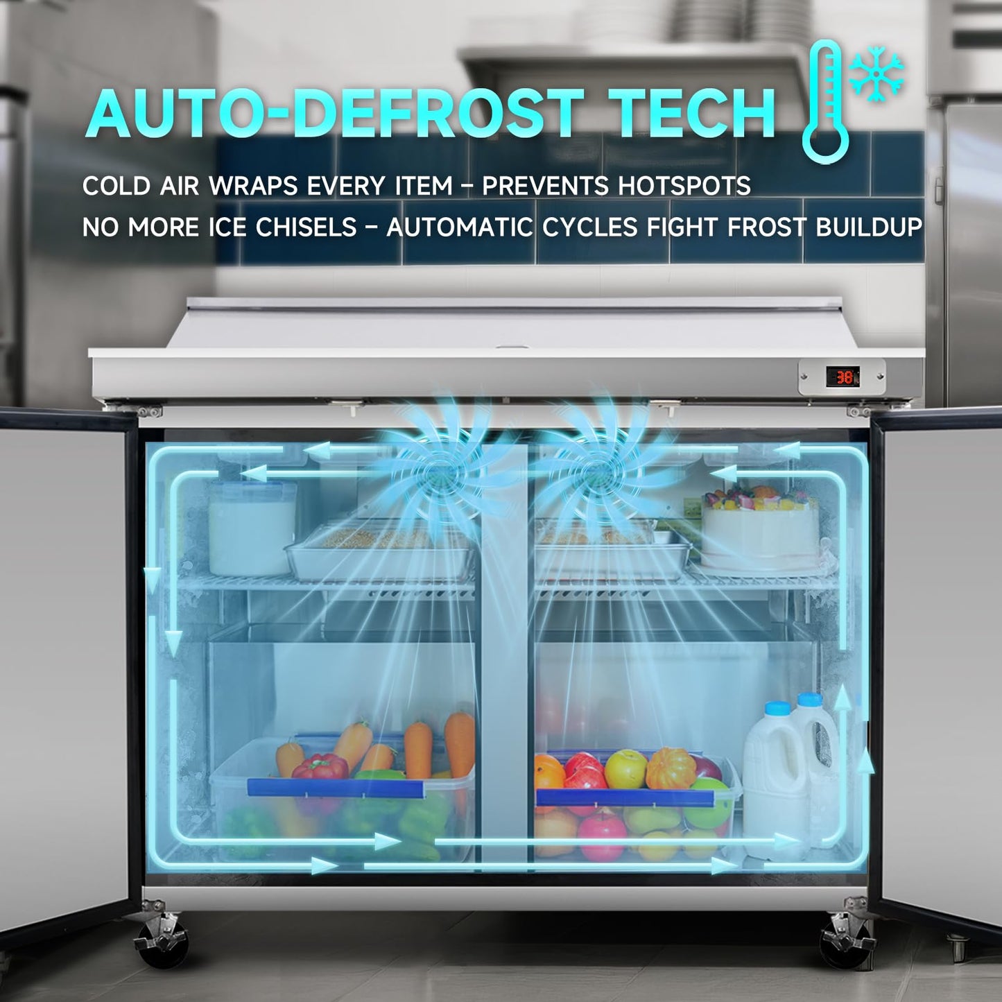 48"W Commercial Sandwich Prep Table Refrigerator - Stainless Steel Door with 12 Pans, 14 Cu.Ft Capacity, Auto Defrost, Digital Temperature Control for Restaurants, Delis, Catering & Convenience Stores