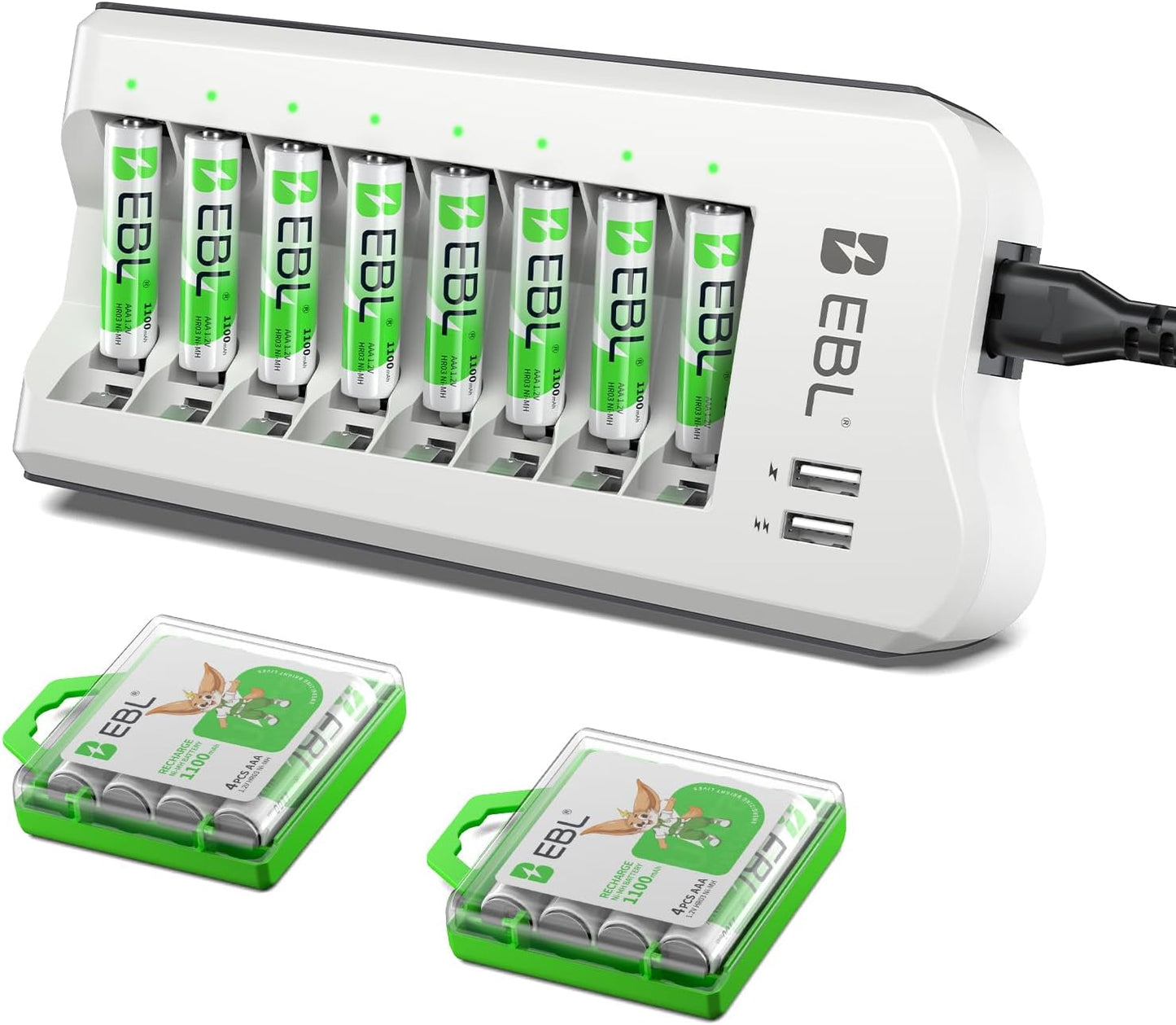 EBL 1100mAh (16 Pack) 2 NiMH AAA Rechargeable Batteries and Rechargeable AA AAA Battery Charger with USB Charging Ports