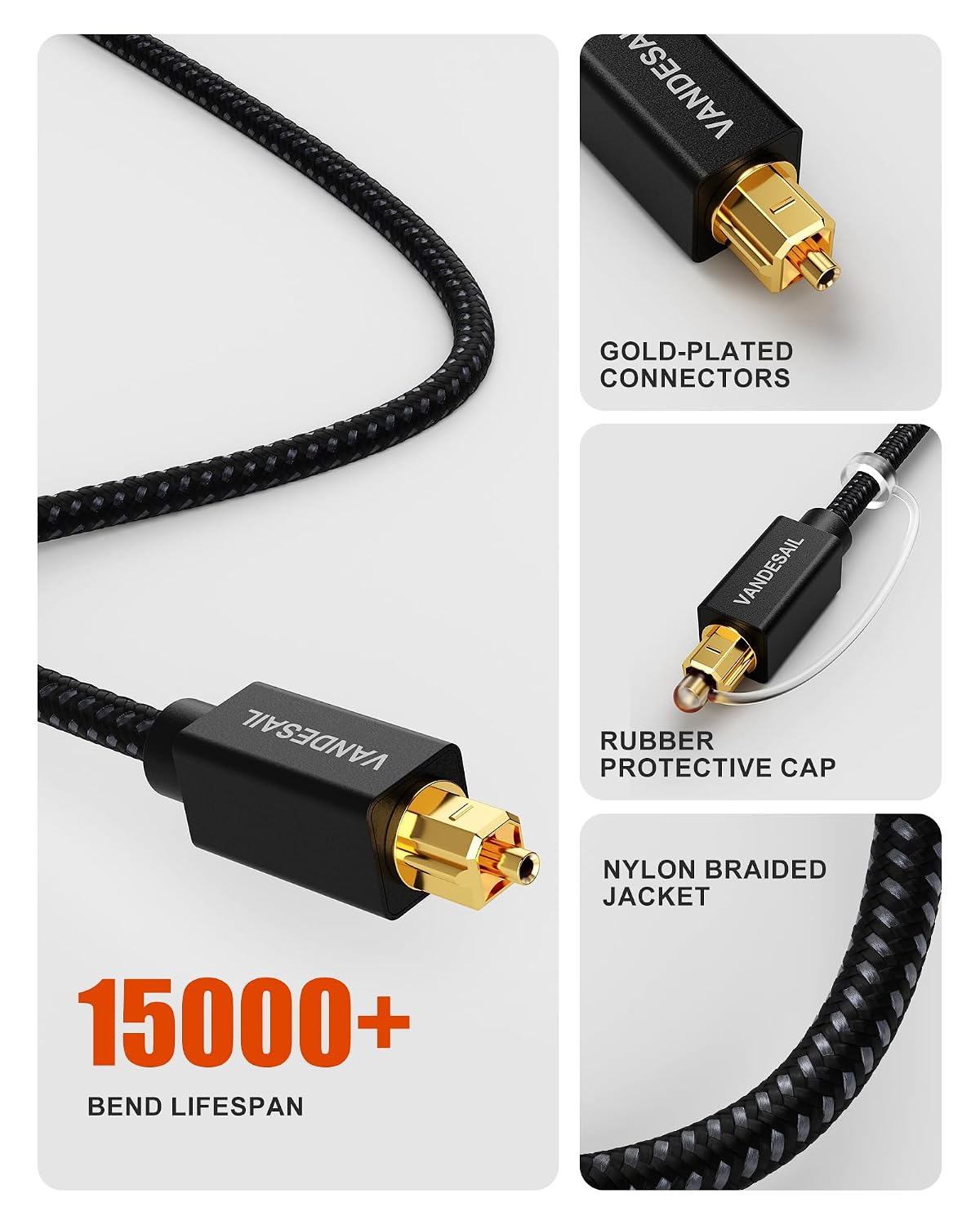 2ft/0.6M, PS4, TOSLINK Optical Audio Cable - Slim Braided Fiber, Digital Optical Audio Cable for Soundbar Gold-Plated