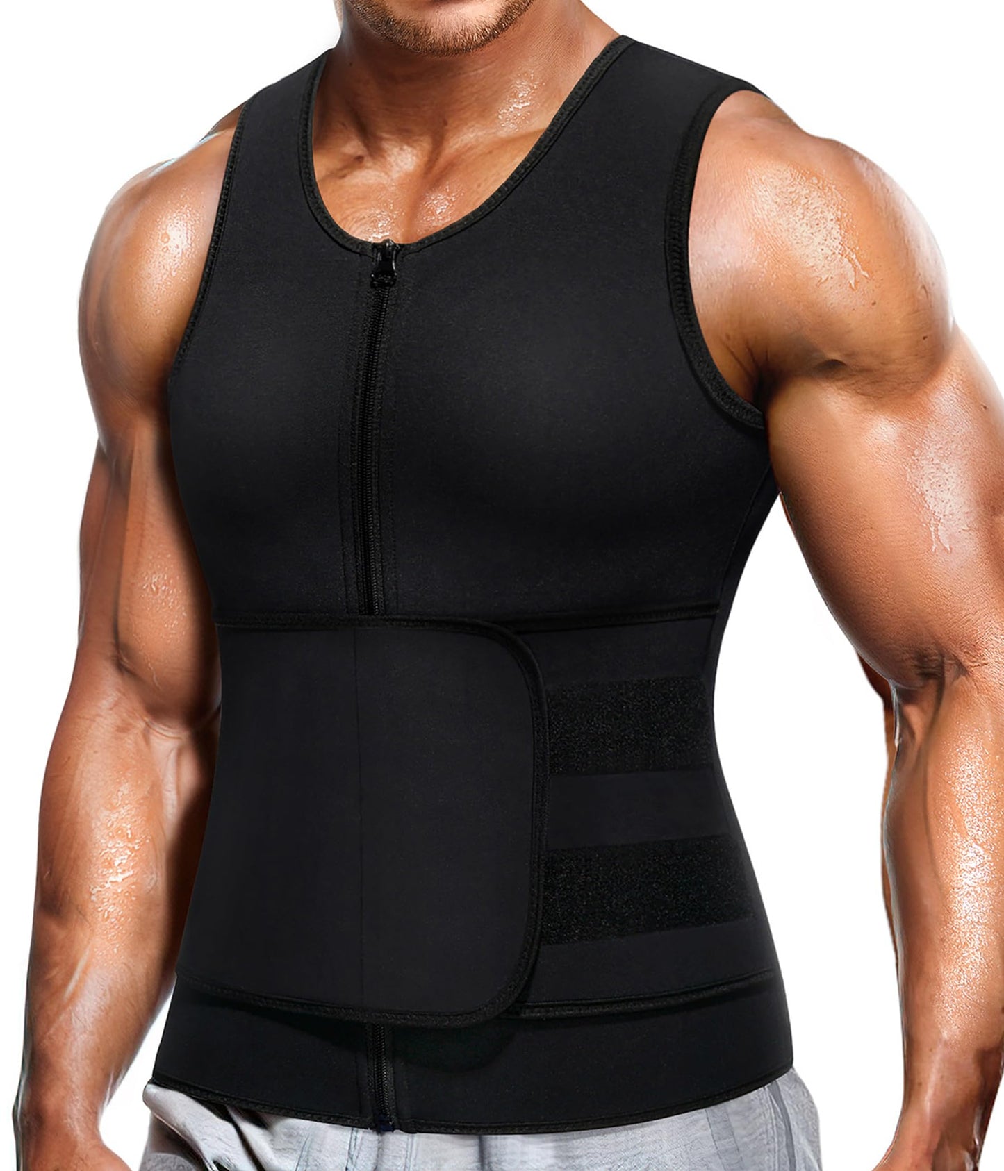 Wonderience Neoprene Sauna Suit for Men Waist Trainer Vest Zipper Body Shaper with Adjustable Belt Tank Top (Black, Large)