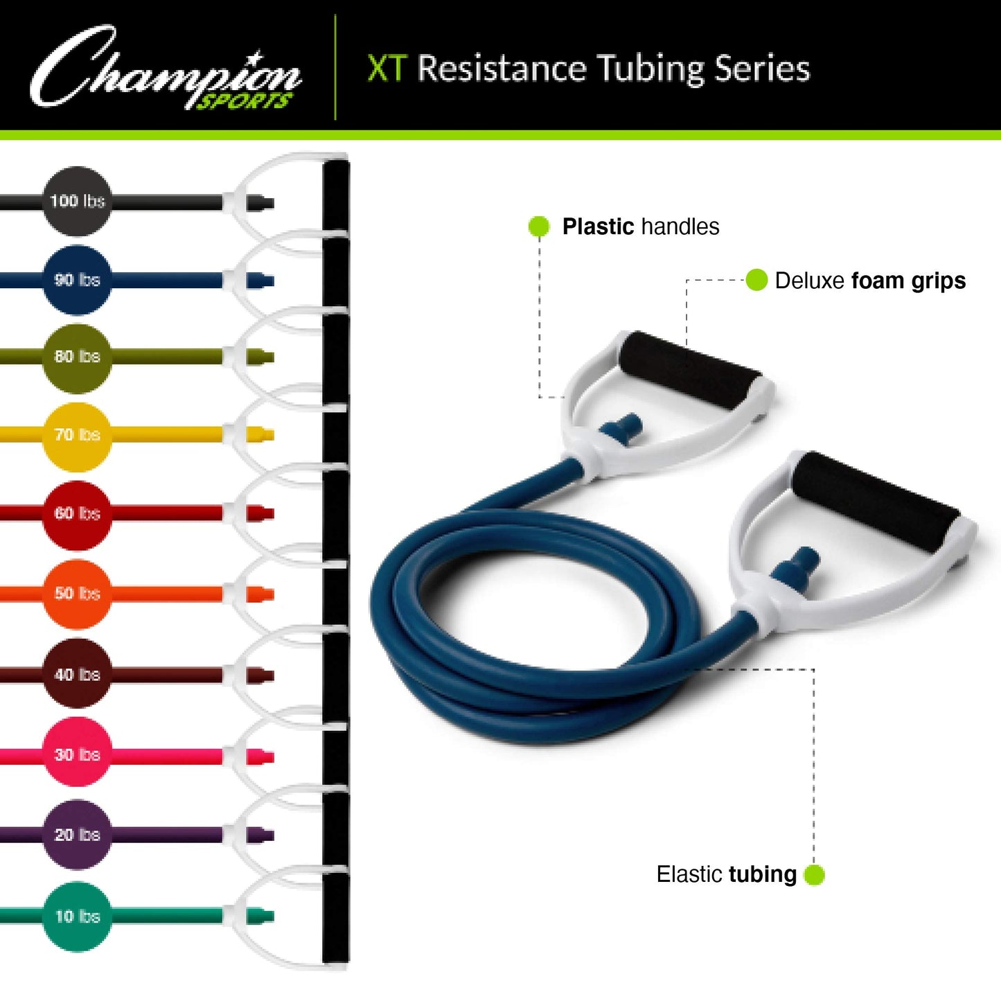 Champion Sports Resistance Tube Bands for Men and Women, Durable Stretch Fitness Band for Strength Training, Stretching, Rehabilitation - Premium Home Workout Equipment - 90 Lbs Resistance Tubing-Blue