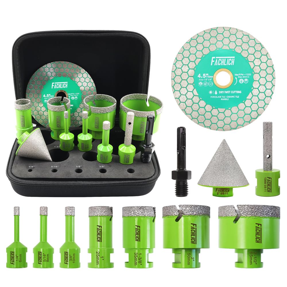 FACHLICH 3 inch Diamond Blade and Tile Hole Saw Kit Diamond - FACHLICH 11pcs 2-1/2" Diamond Core Drill Bits Set and 4.5" Diamond Cutting Grinding Blade