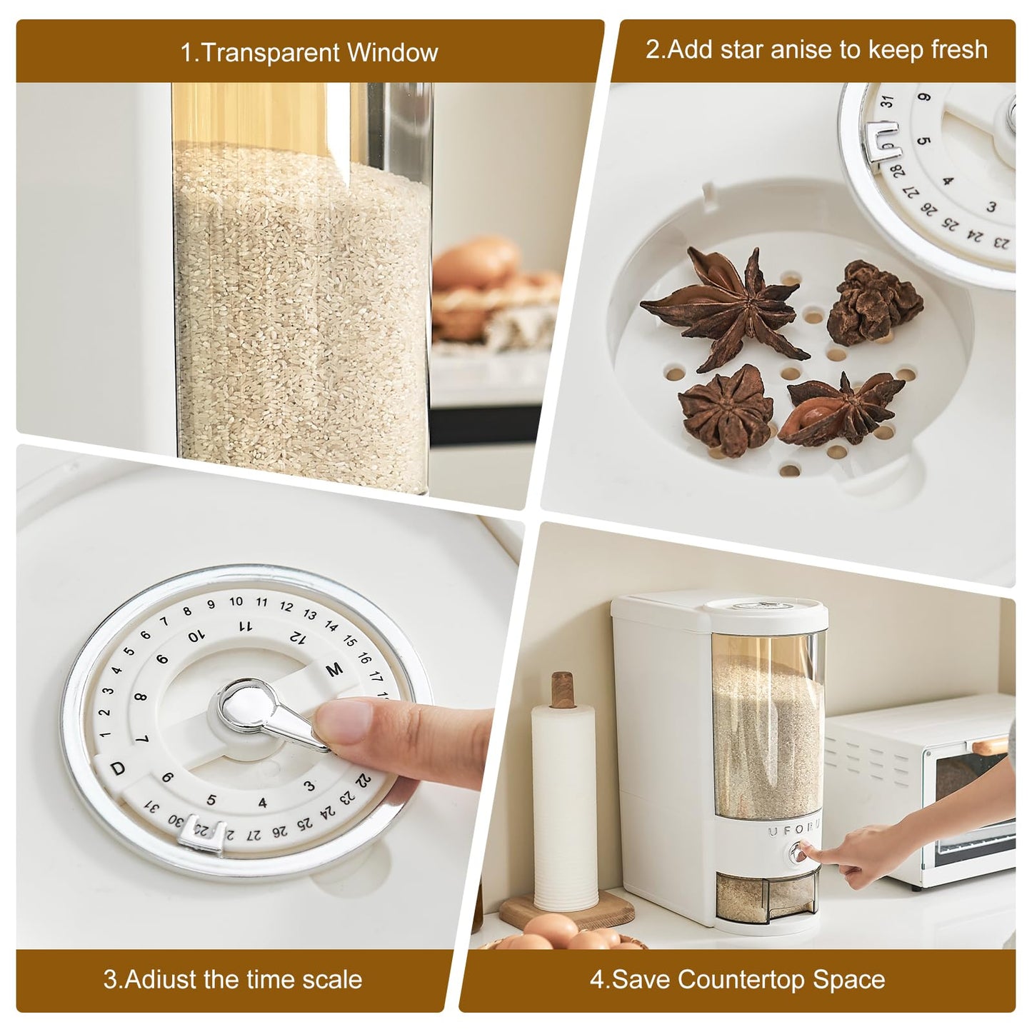 UFORU Rice Dispenser 20 lbs | Large Rice Storage Container for Kitchen&Pantry - Space-saving, Moisture & Pest-proof, BPA-Free - Dry Food Dispenser with One-Touch Dispenser & Measuring Cup for Families