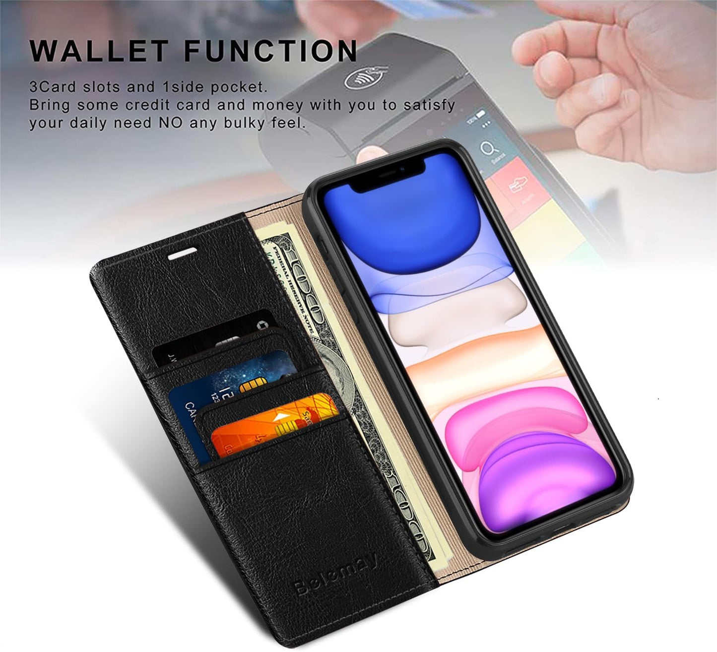 Belemay 15 (6.1-inch) Case Compatible with iPhone Wallet Case-Genuine Leather-RFID Blocking Card Holders-Shockproof TPU