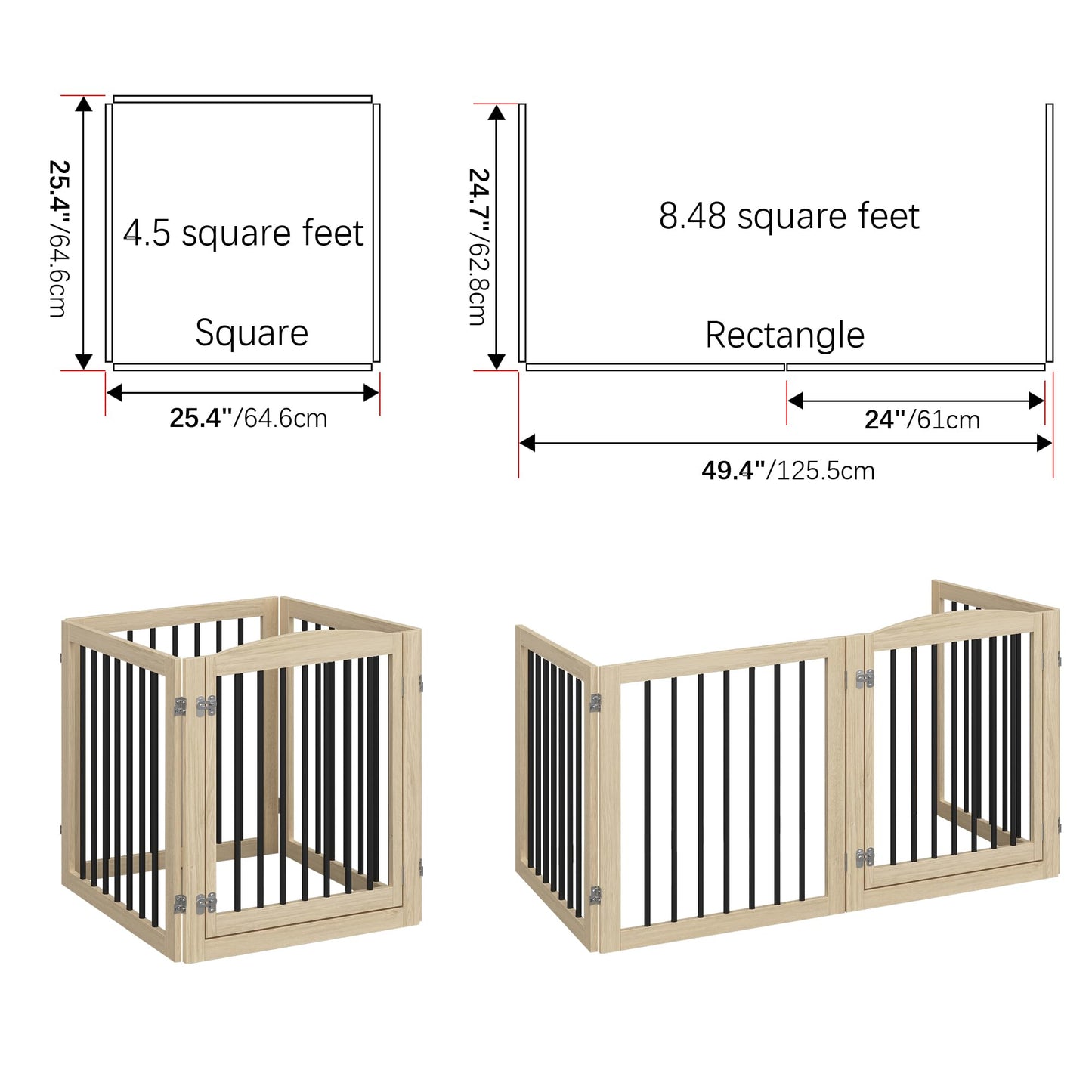 Vantas Folding Pet Gate 96" Wide, 30" Tall No-Assembly Wooden Dog Gate with Door Walk Through, Freestanding Puppy Safety Fence, with 2PCS Support - Natural White
