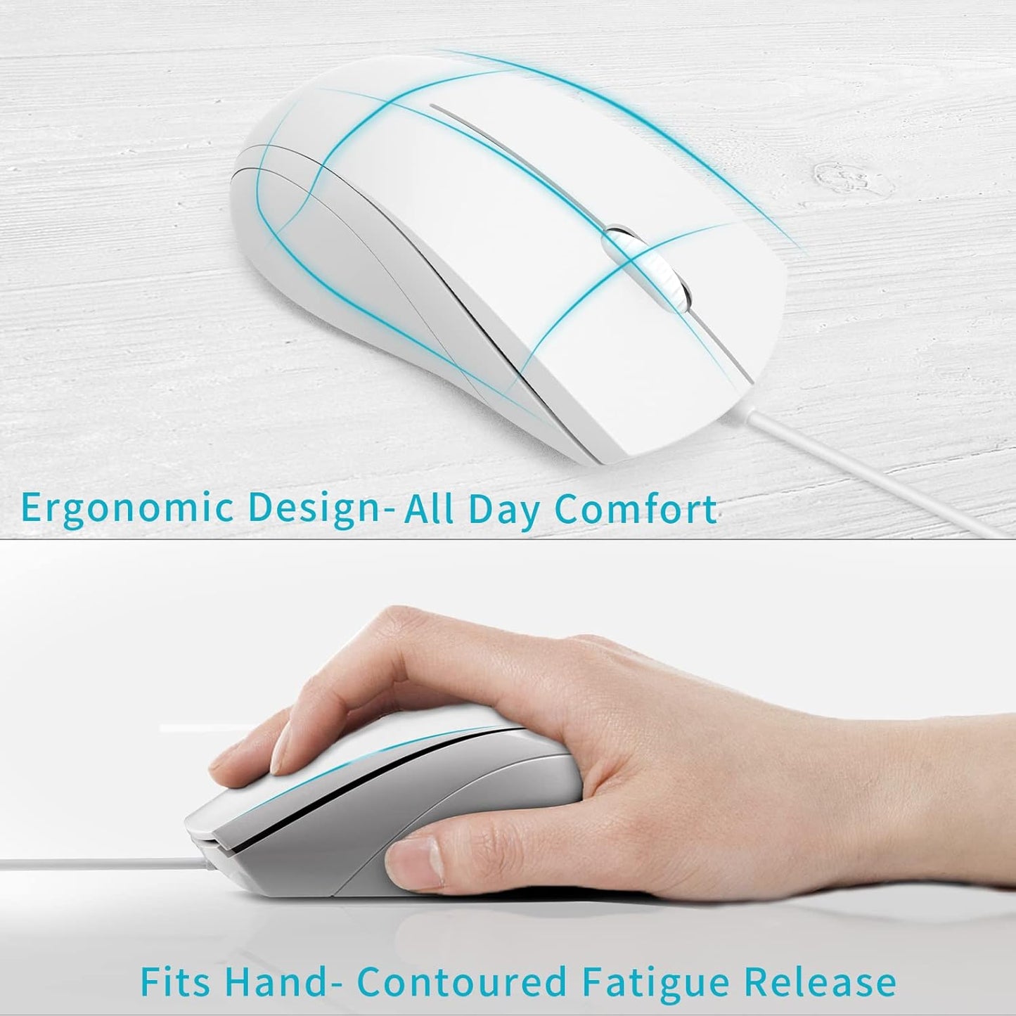 Rapoo N1600 3-Button 1000DPI Quiet Wired Mouse, Optical Mouse, Quiet Button, Ergonomic Shape, for Desktop Computers