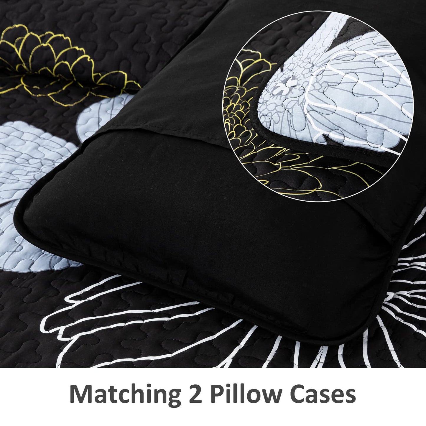 Yellow Floral Quilts California King Size Coverlet Set - 3 Pieces Lightweight Black Cal King Bedspread with 2 Pillowcases - All Season Soft Microfiber Reversible Bedding Quilt Set (Yellow/Black)