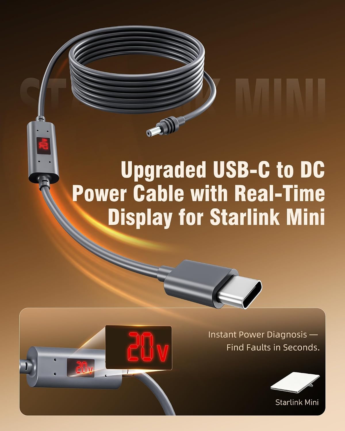 ToKismet 18AWG (3m/9.8ft) Starlink Mini USB-C to DC Power Cable Smart PD Chip & Copper Wire with Voltage & Current