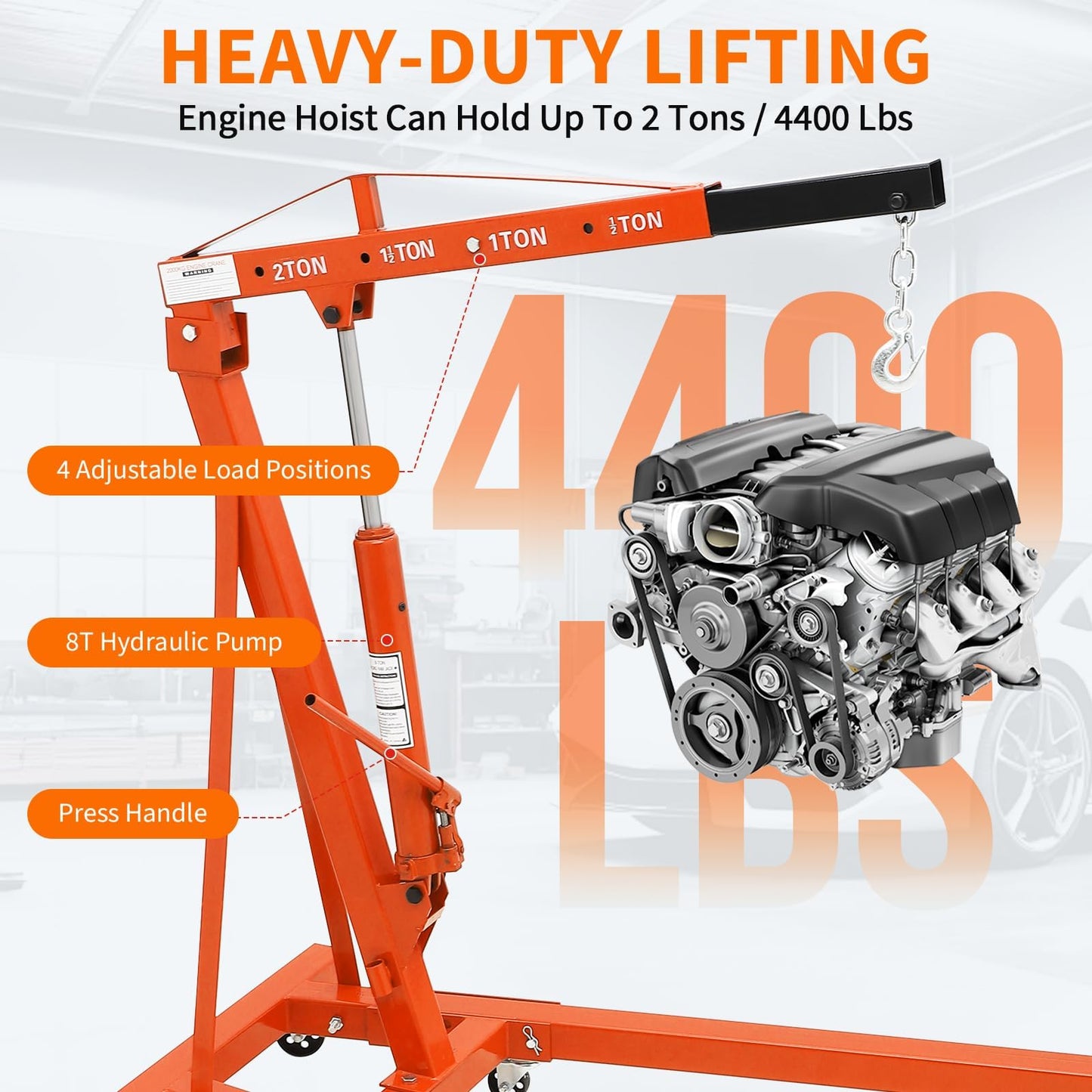 2-Ton Folding Engine Hoist Cherry Picker 44 Lb Capacity Hydraulic Shop Crane with Telescoping Boom 6 Caster Wheels for Automotive Repair Garage Use Includes Hitch and Storage Stand Orange