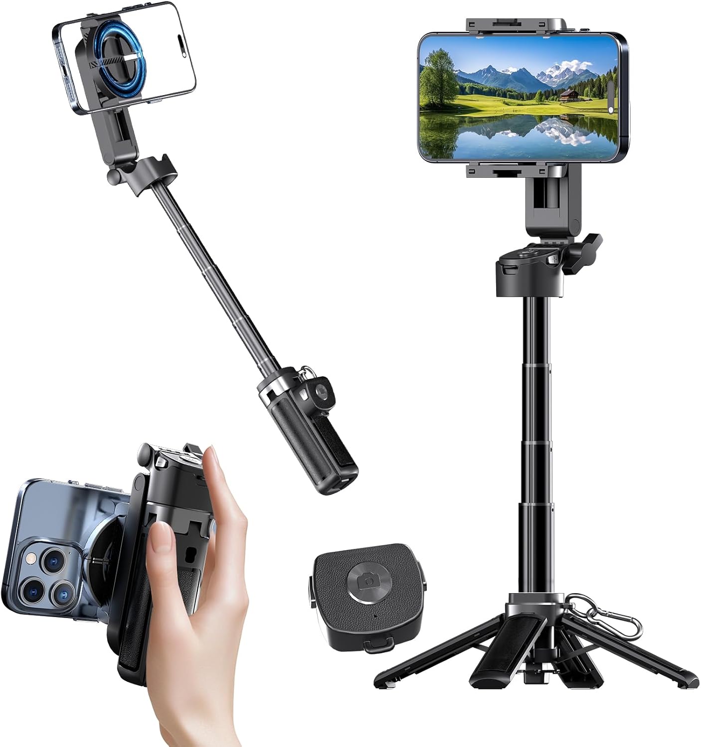 Auduto 16/15/14/13/12 Magnetic Phone Tripod Stand, Portable Mini Selfie Stick for iPhone & MagSafe, Aluminum