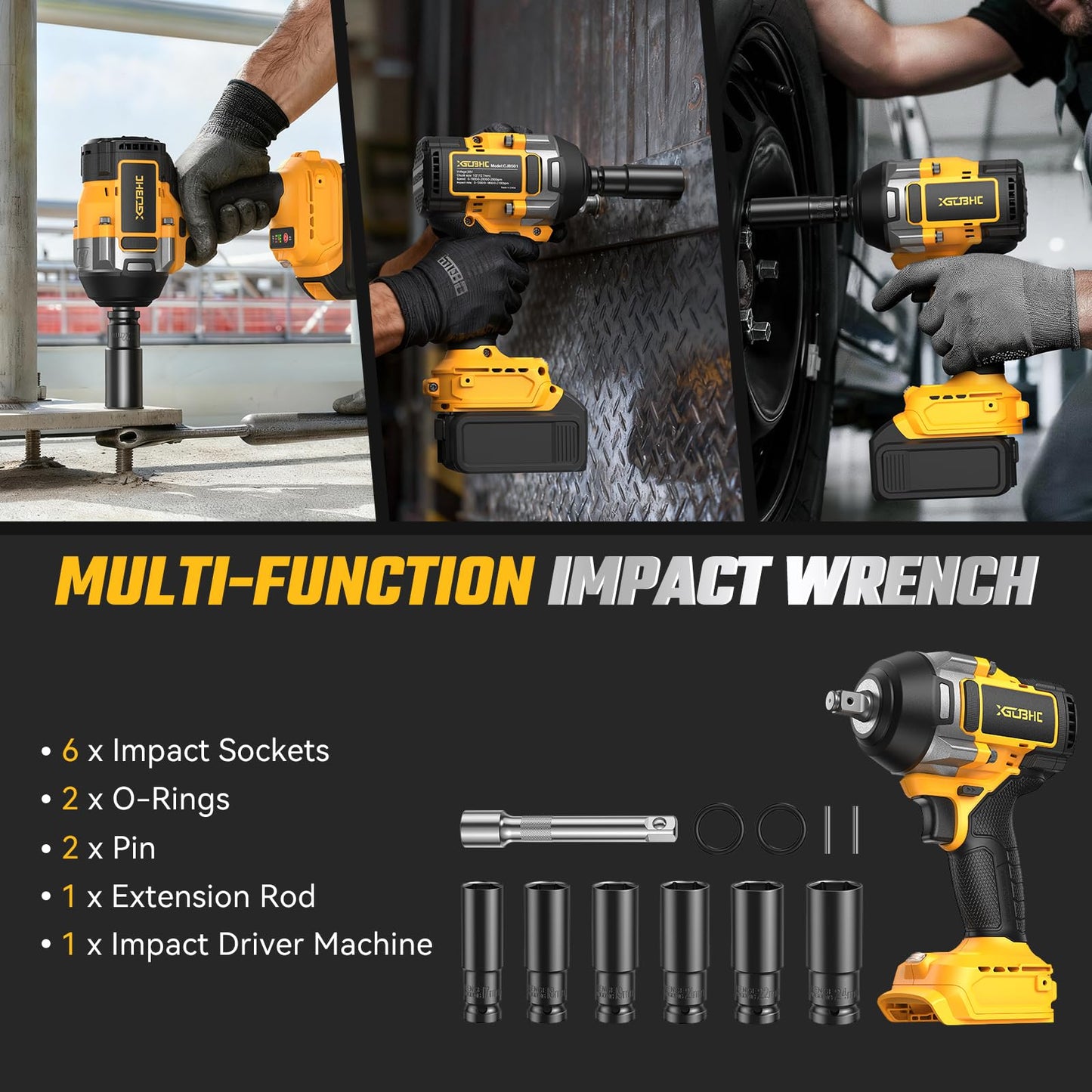 Cordless Impact Wrench for Dewalt 20V Battery, 1254Ft-lbs (1700N.m) 1/2 Inch Electric Impact Gun, 3 Speed High Torque Impact Driver with 6 Sockets, Impact Drill for Car Home Mower (No Battery)