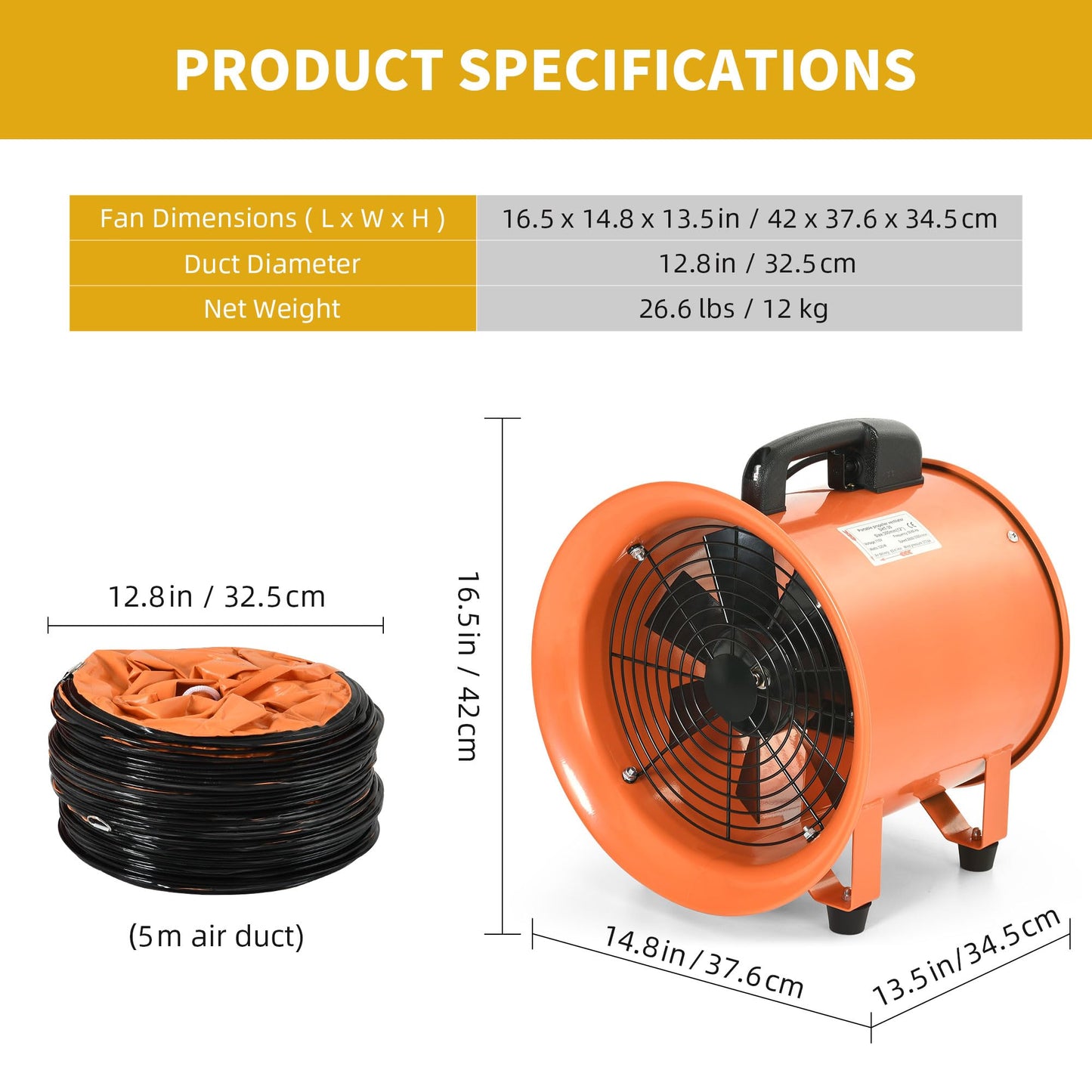 DWVO 12 Inch Utility Blower Exhaust Fan, Extractor Fans High Velocity, Portable Ventilation Fan with 16FT (5M) Ventilator Duct Hose for Industrial Use, Paint Booths, and Workshops