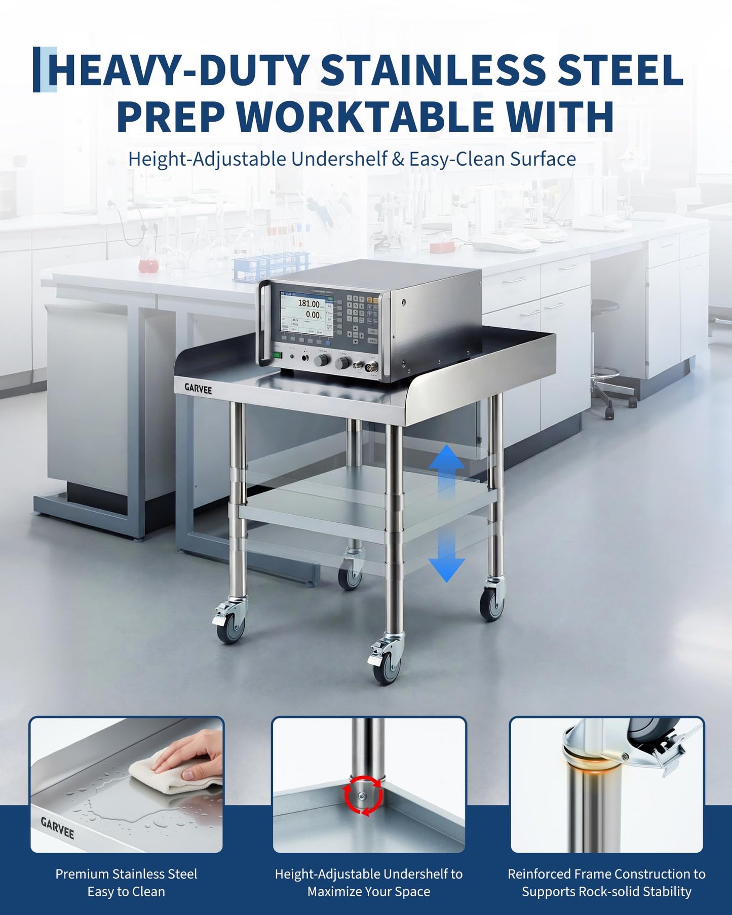 24 x 36 x 26 Inch Stainless Steel Work Table with Wheels, 3-Sided Backsplash and Adjustable Undershelf, Heavy Duty Commercial Prep Worktable for Kitchen, Restaurant, Garage