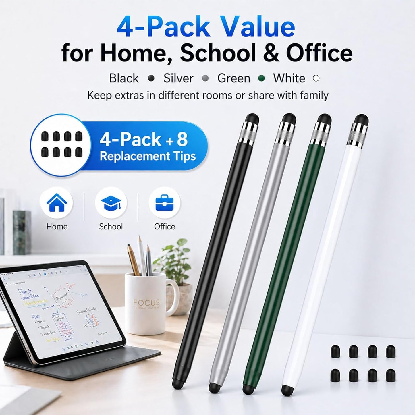 HATOKU 4 Packs Stylus Pen for iPad & Touchscreen Devices, Dual Tip Rubber Styluses, No Bluetooth/No Charging, High