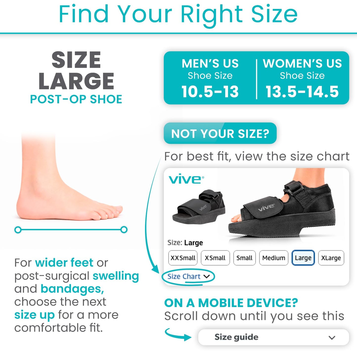 Vive Wedge Post-Op Shoe - Offloading Boot for Heel or Ankle Pain - Medical Foot Recovery for Bone or Soft Tissue Surgery, Fracture, Plantar Fasciitis, Ulcerations, Feet (Large)