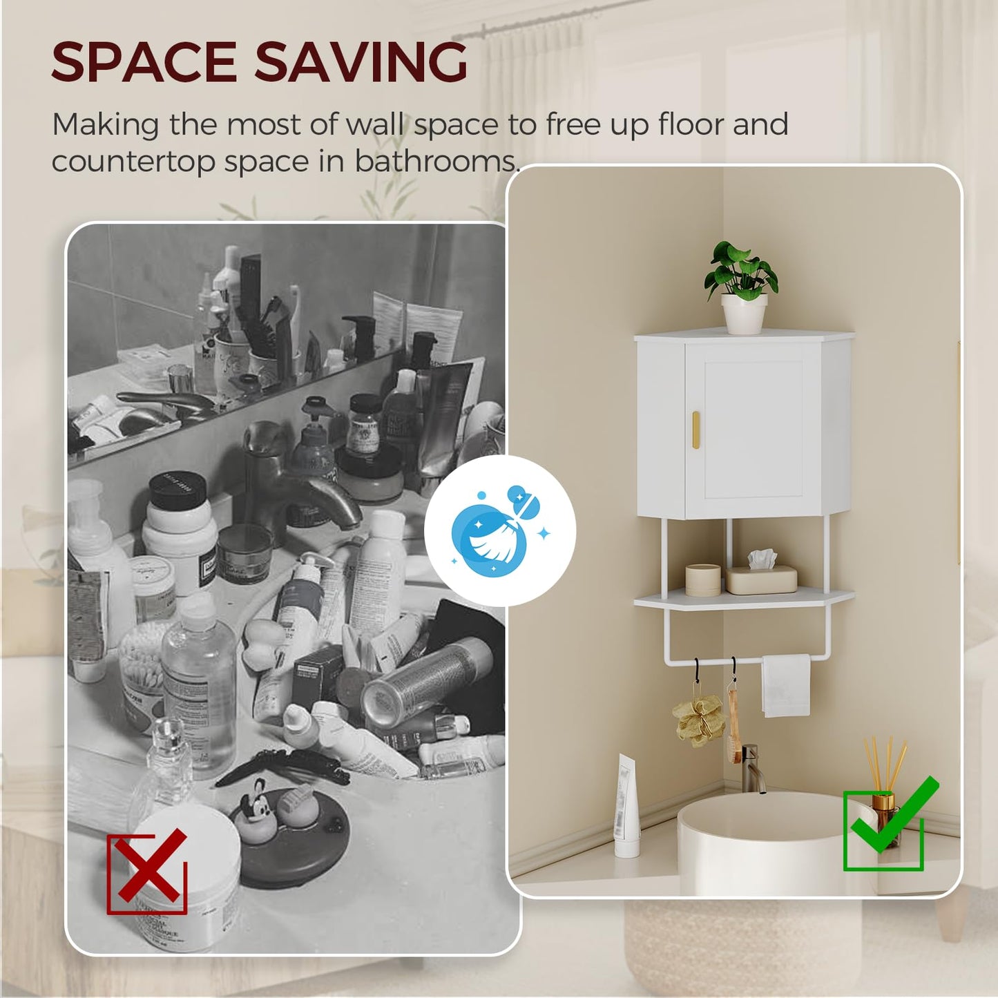 MAHANCRIS Bathroom Wall Cabinet, Corner Wall Mount Medicine Cabinet with Adjustable Shelf & Towel Bar, 3-Tier Over Toilet Storage Cabinets for Bathroom Laundry Room Kitchen, for Small Space, White