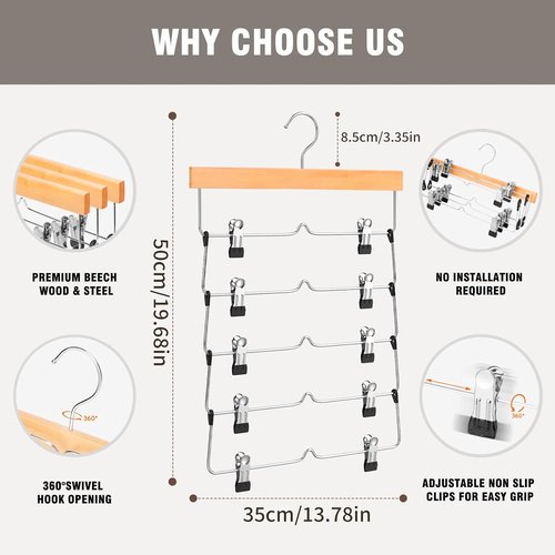 DOIOWN Skirt Hangers - Space-Saving Beechwood Design | 3-Pack Non-Slip Clips for Closet Organization