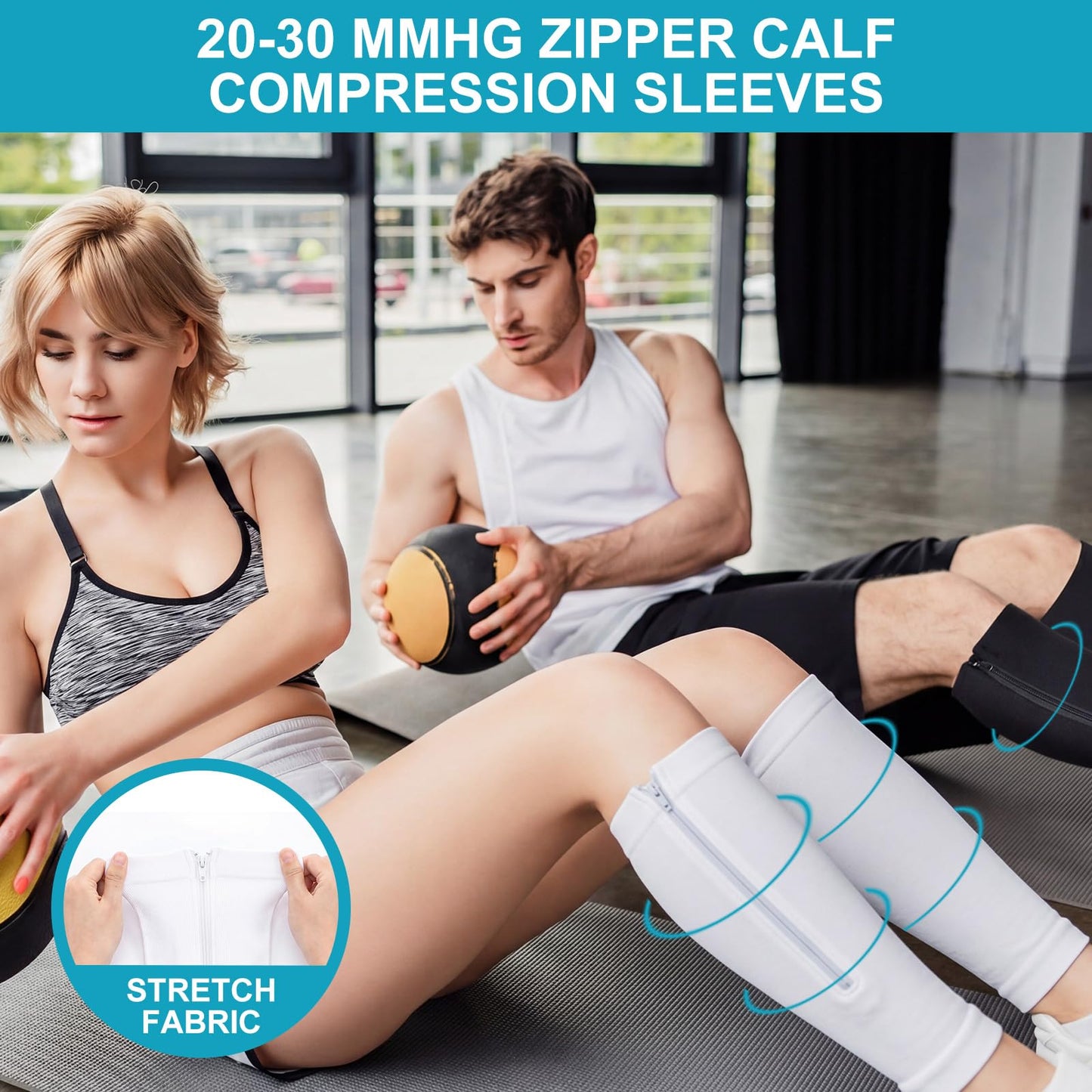 Threlaco 3 Pairs Calf Compression Sleeve with Zipper 20-30mmhg Leg Compression Sleeve Calf Brace Zipper Socks No Foot Sleeves for Men Women Support Running Shin Splints(Black White Blue)
