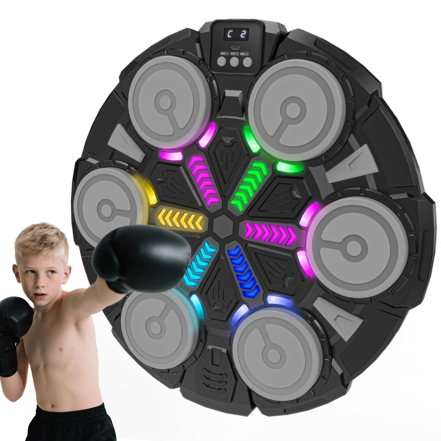 Music Punching Machine for Kids Adults,Bluetooth Wall Mounted Boxing Trainer with Gloves,Rhythm Lights,2 Player Battle Mode,Reaction Training Pad,Home Gym Sport Toys Gifts for Boys Girls Teens 3-12+