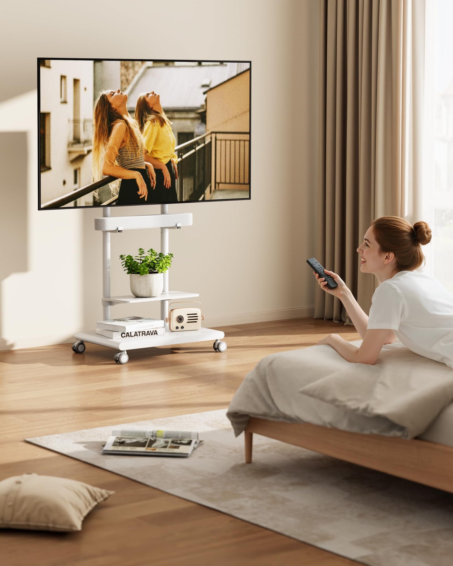 ECOTINY Steel Base Rolling TV Stand with Soundbar Mount for 37-75 inch TVs up to 154lbs, Swivel&Tilt Mobile TV Stand with Large Storage, Height Adjustable Heavy-Duty TV Cart, Max VESA 600x400mm, White