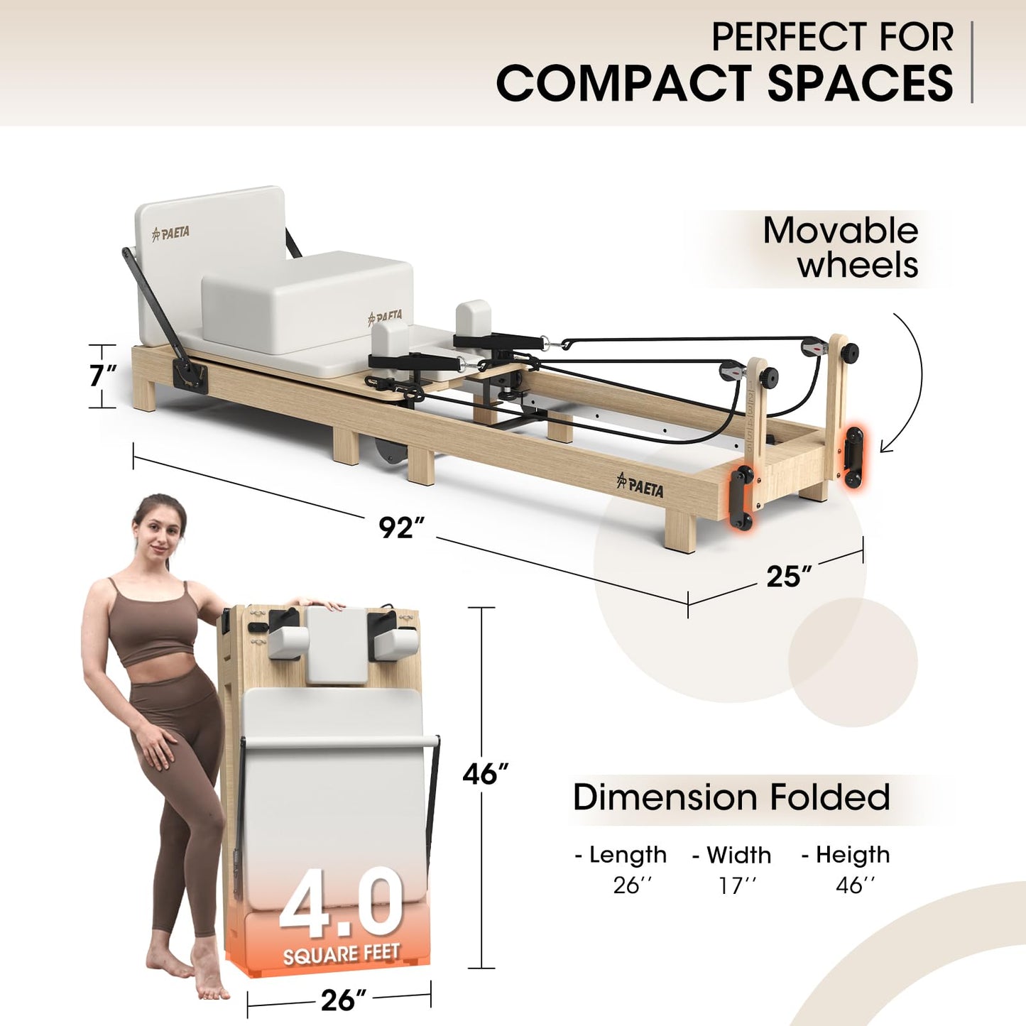Pilates Reformer, PAETA 92" Wooden Foldable Pilates Reformer Machine with Springs, Pilates Machines for Home Use and Studio, Pilates Equipment with Sitting Box, Jump Board and Accessories(White)