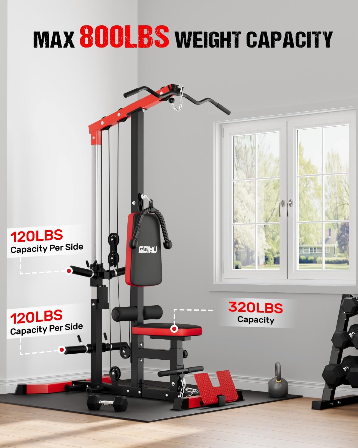 GOIMU LAT Pulldown Machines, LAT Row Cable Machine, LAT Tower with Additional Pulley Cable, High & Low Pulley Stations(Red)