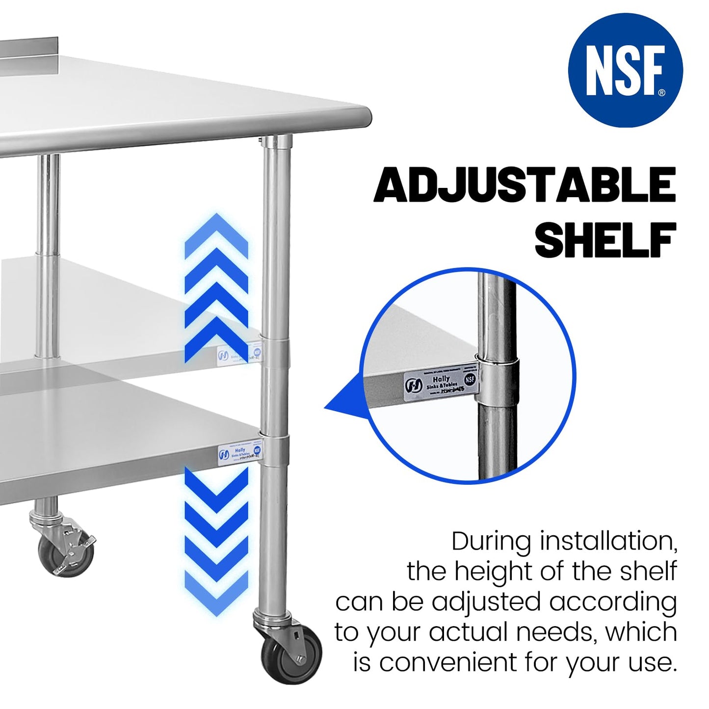 Hally Stainless Steel Table for Prep & Work 24 x 60 Inches with Caster Wheels, NSF Commercial Heavy Duty Table with Undershelf and Backsplash for Restaurant, Home and Hotel