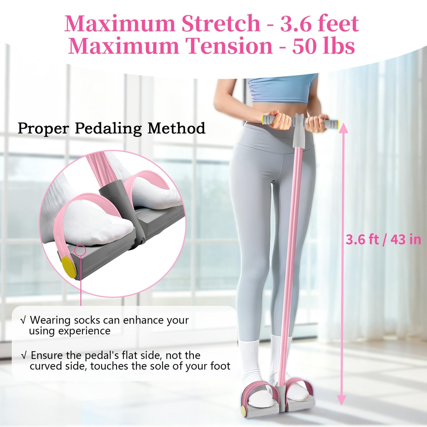 Pedal Resistance Bands with Handles, Durable 6-Tubes Multifunction Pedal Resistance Band, Natural Rubber Foot Pedal Resistance Bands, Fitness Resistance Bands for Abdomen, Waist, Arm, Leg (Pink)