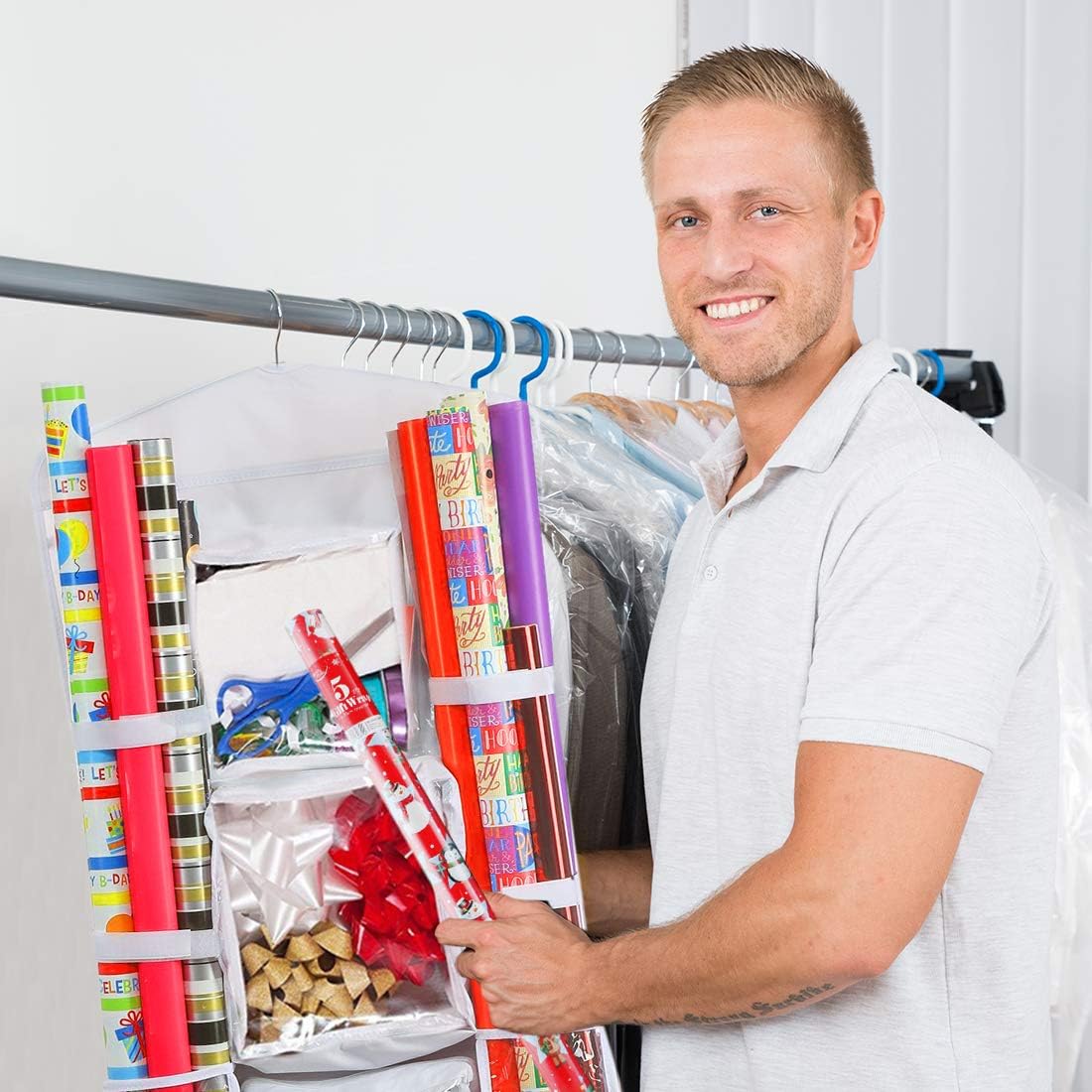 ProPik Wrapping Paper Storage Organizer - Double-Sided Design with Multiple Pockets | Fits 40-Inch Rolls (White)