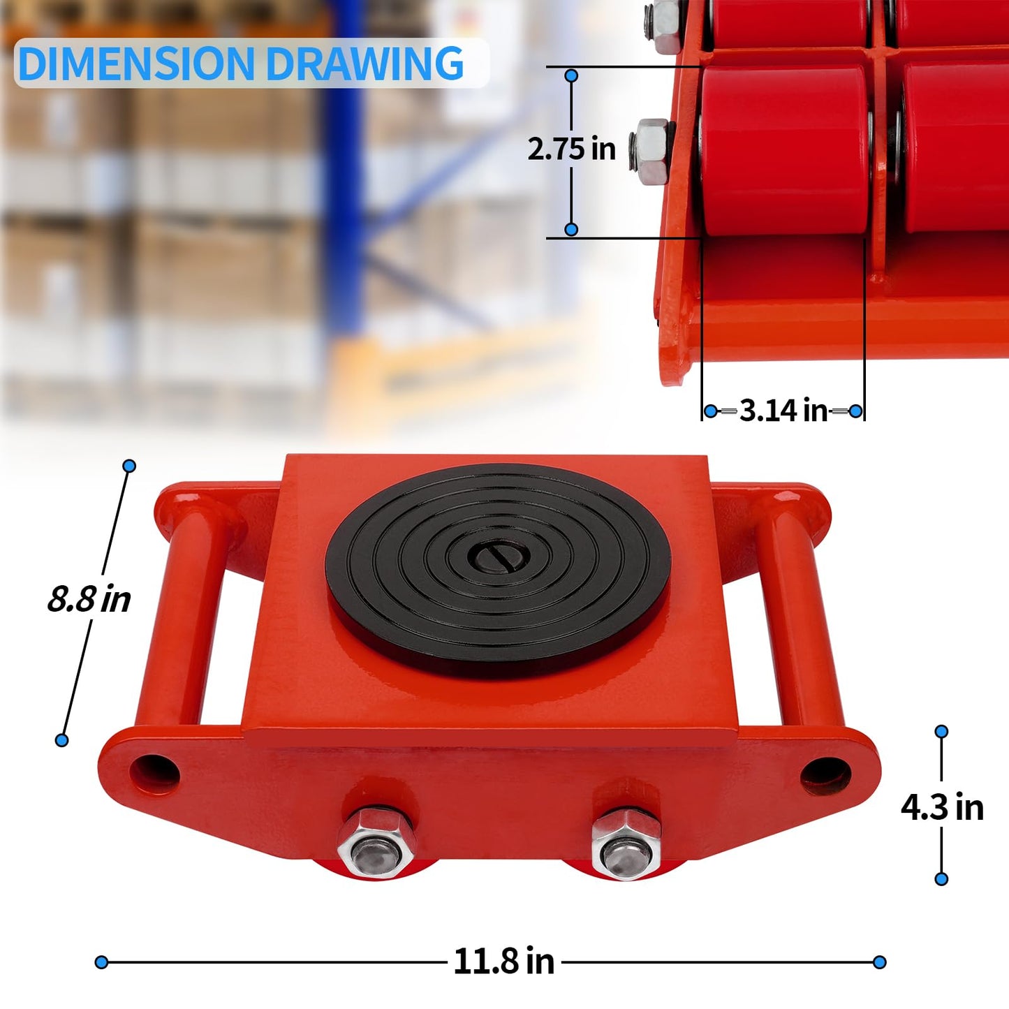 FAHKNS Machinery Mover 6T 13200LB Capacity Machinery Skate 4 Wheels Dolly Skate Roller with 360 Degree Rotation Cap for Warehouse Workshop Factory, Red
