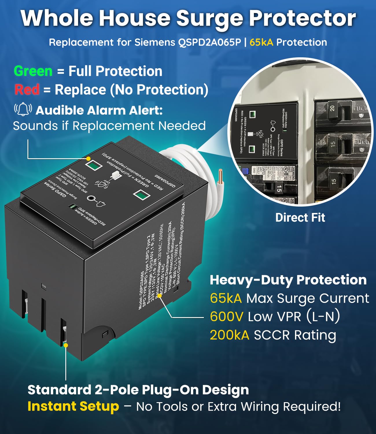 Replacement for Siemens QSPD2A065P Plug-in Surge Protection Device, 2-Pole 65kA 120/240V, 1Ø, 3W, Fits Siemens Type QP Load Centers, Whole House Power Spike Protection, LED Indicator & Audible Alarm