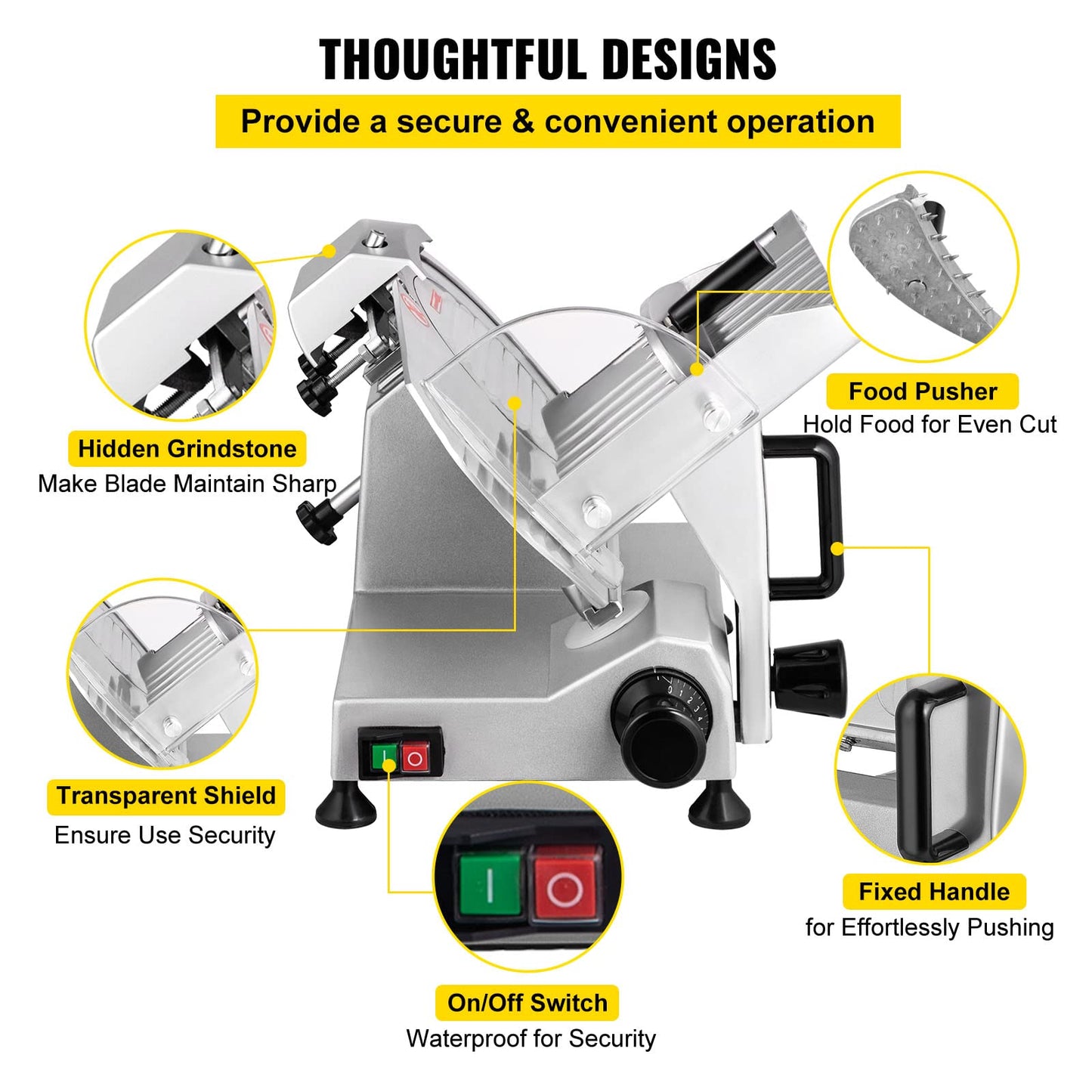 VEVOR Commercial Meat Slicer, 200W Electric Deli Food Slicer, 0-12mm Adjustable Thickness Electric Meat Slicer, 350-400RPM Slicer with 8.7'' Chromium-plated Steel Blade for Home & Commercial Use