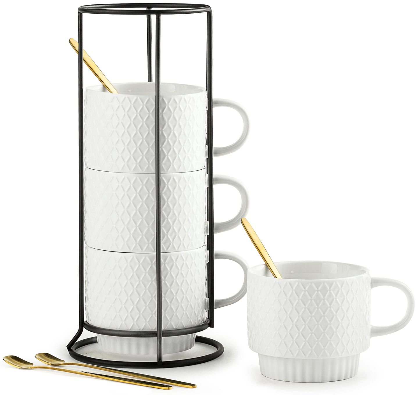 LYEOBOH Stackable Coffee Mugs with Rack, 13 oz Ceramic Coffee Mug Set of 4 with Stand, Latte Cup with Spoon, Cappuccino Cups for Hot Cocoa, Milk, White
