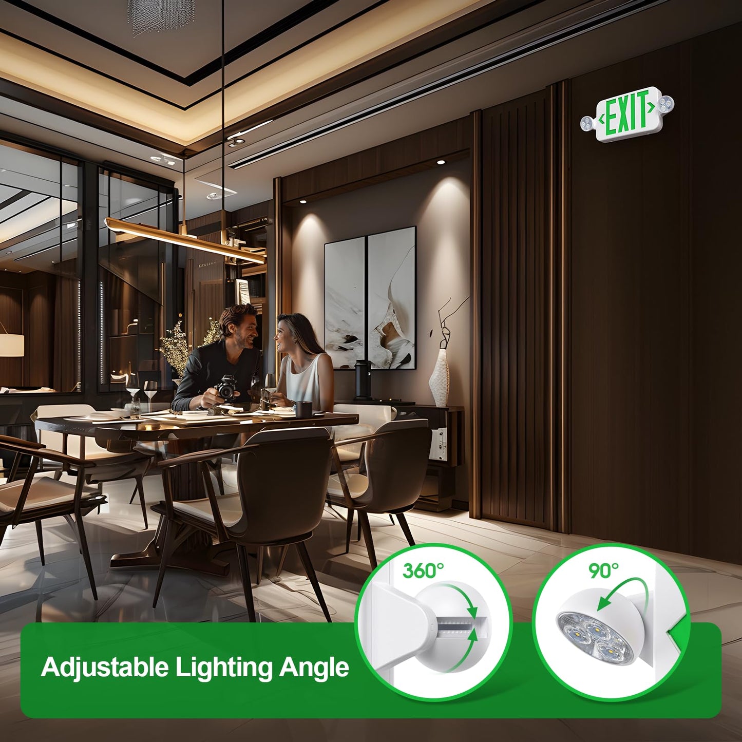 Emergency Exit Sign Lights Combo with Battery Backup, Double Sided Hardwired 6 Leds Exit Signs, Adjustable Heads Green Emergency Exit Lighting Ceiling/Wall Mount, UL Listed, AC 120/277V (1 Pack)
