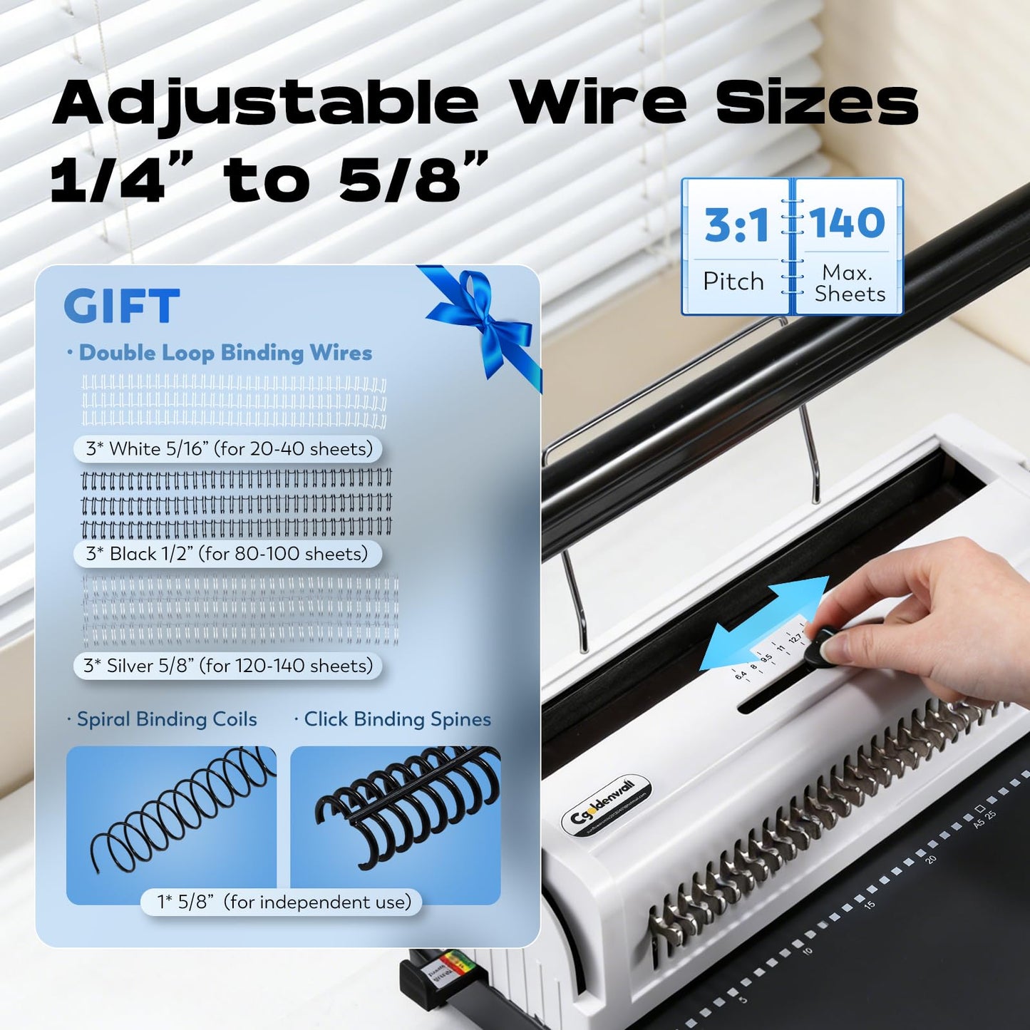 CGOLDENWALL Wire Binding Machine, Wire-O Binder, 3:1 Pitch 34 Holes, with 11 Coils Included, Punch 20 Sheets Bind 140 Sheets, Adjustable Pins Margins (Square Hole)