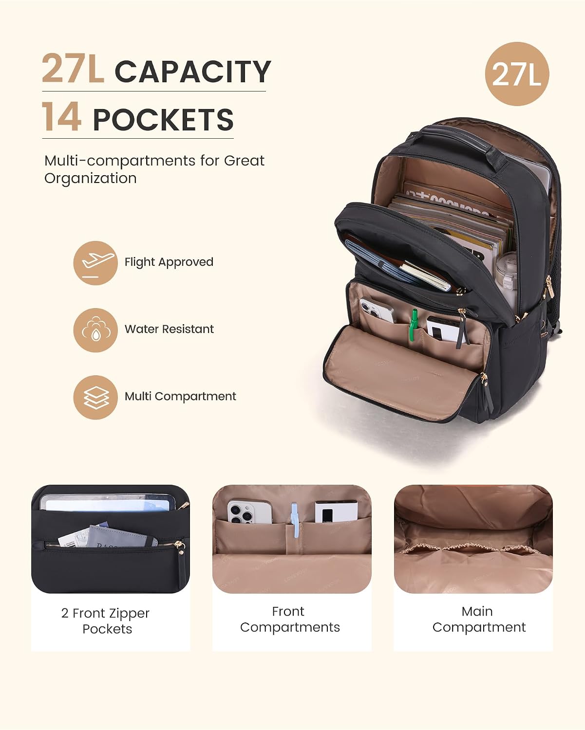 Backpack 15.6" Backpack LOVEVOOK Laptop for Women with Leather Trim & Tumbler Pockets, Work Purse, Travel Personal Item