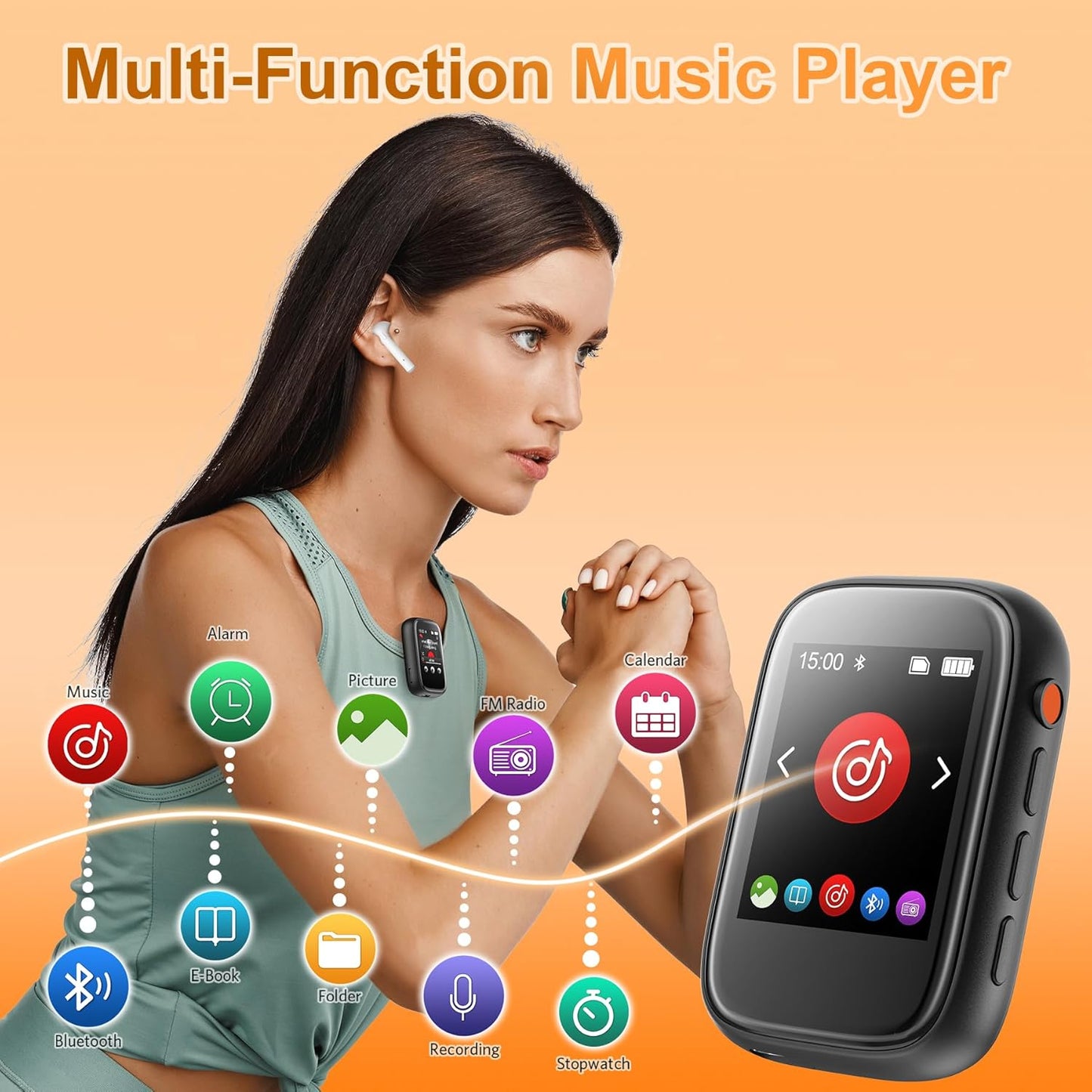 Colorcool Mp3 5.3, 512GB Player with Bluetooth Portable Kids Music Player with Clip on Back,Touch Screen,Biult-in Voice