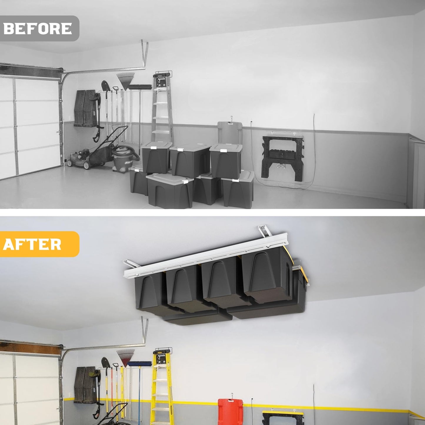 WALMANN Overhead Tote Storage Rail System, Garage Ceiling Bin Storage Rack Heavy Duty Adjustable Tote Slide Rails(White, Bins are not Included)